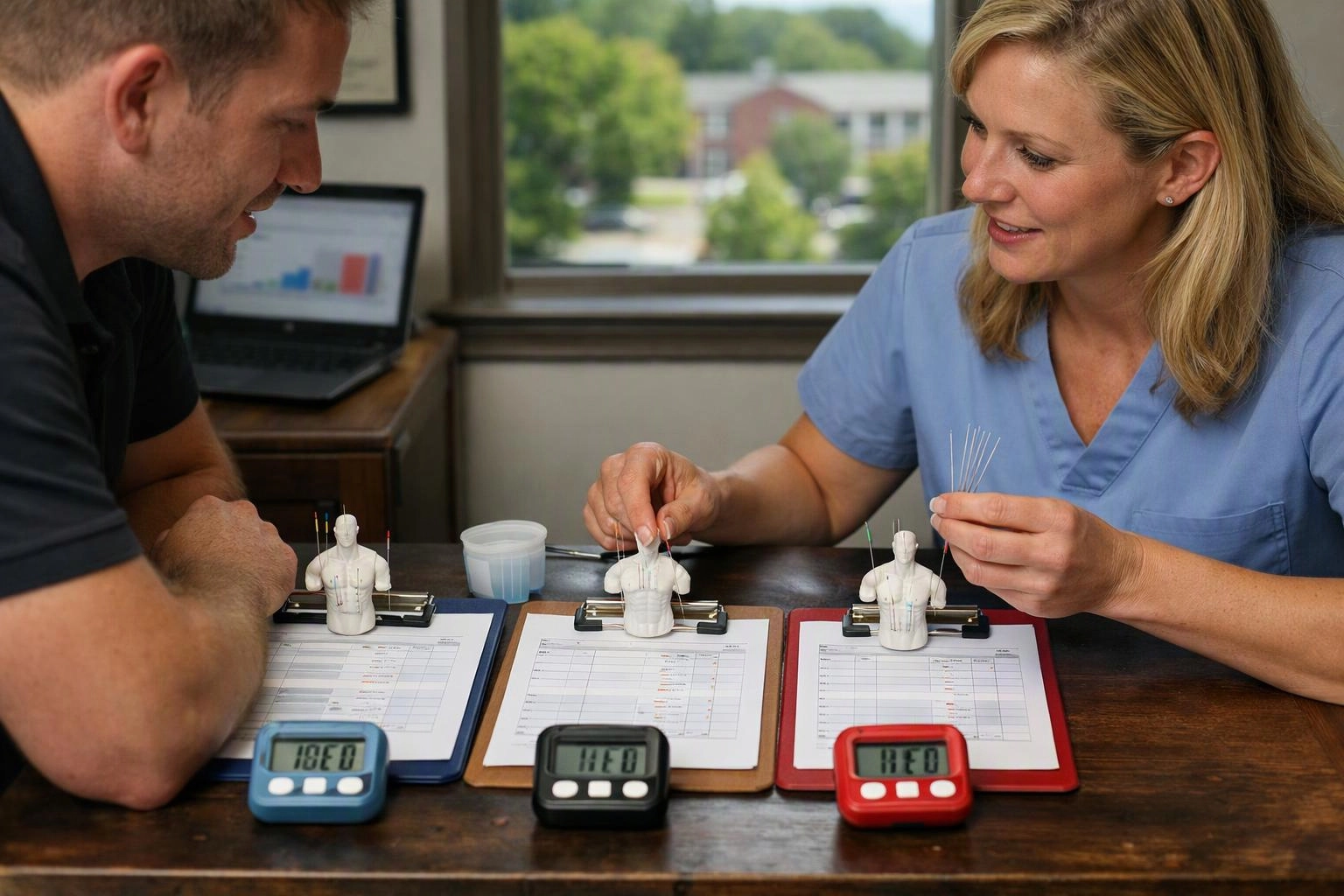 Editorial photograph showing a visual metaphor for comparing dry needling companies and chiropractic care