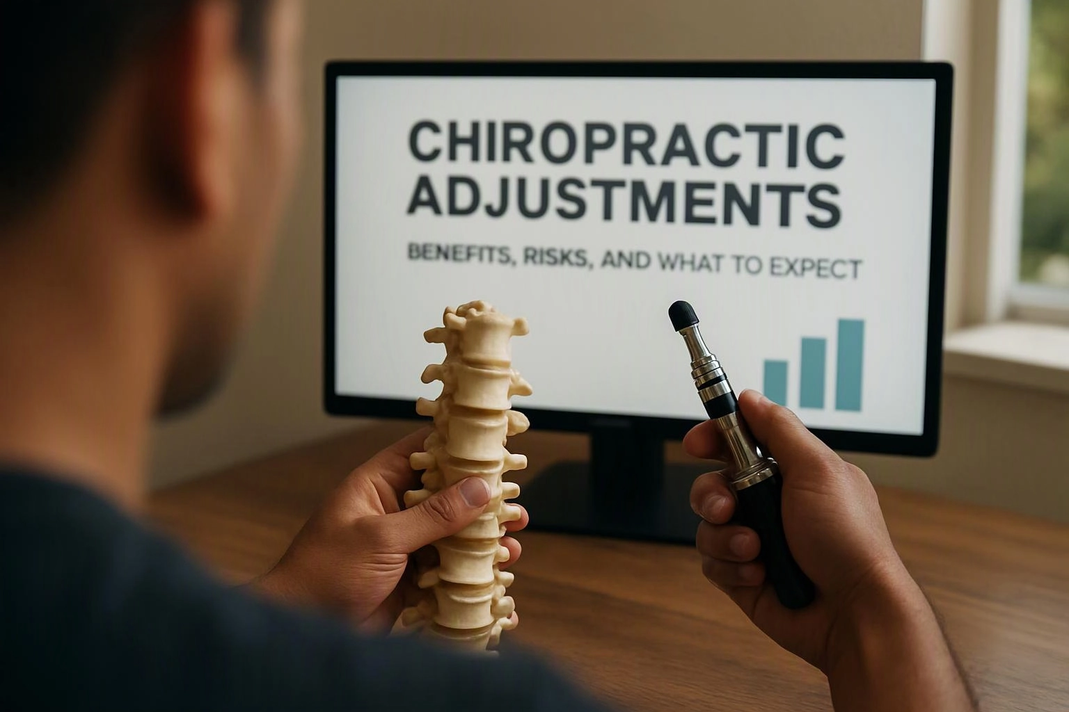 A person holds a spine model and an adjustment tool in front of a monitor with chiropractic text