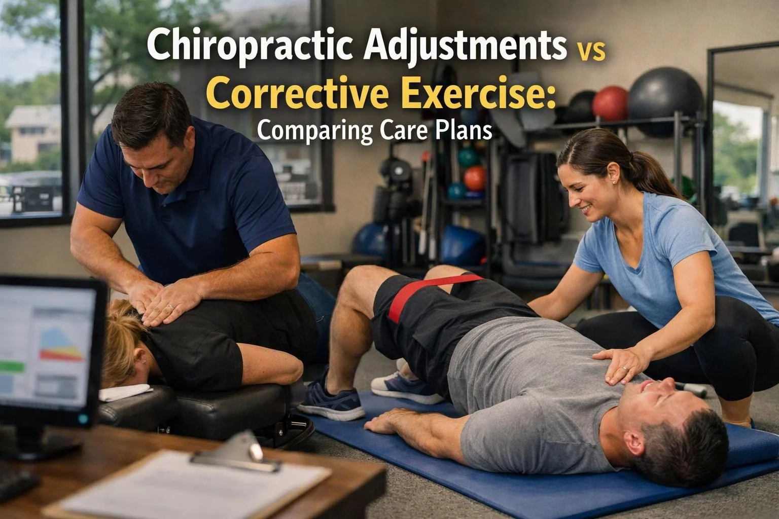 magazine-editorial photograph of wide establishing view of a setting where "Chiropractic Adjustments vs Corrective Exercise