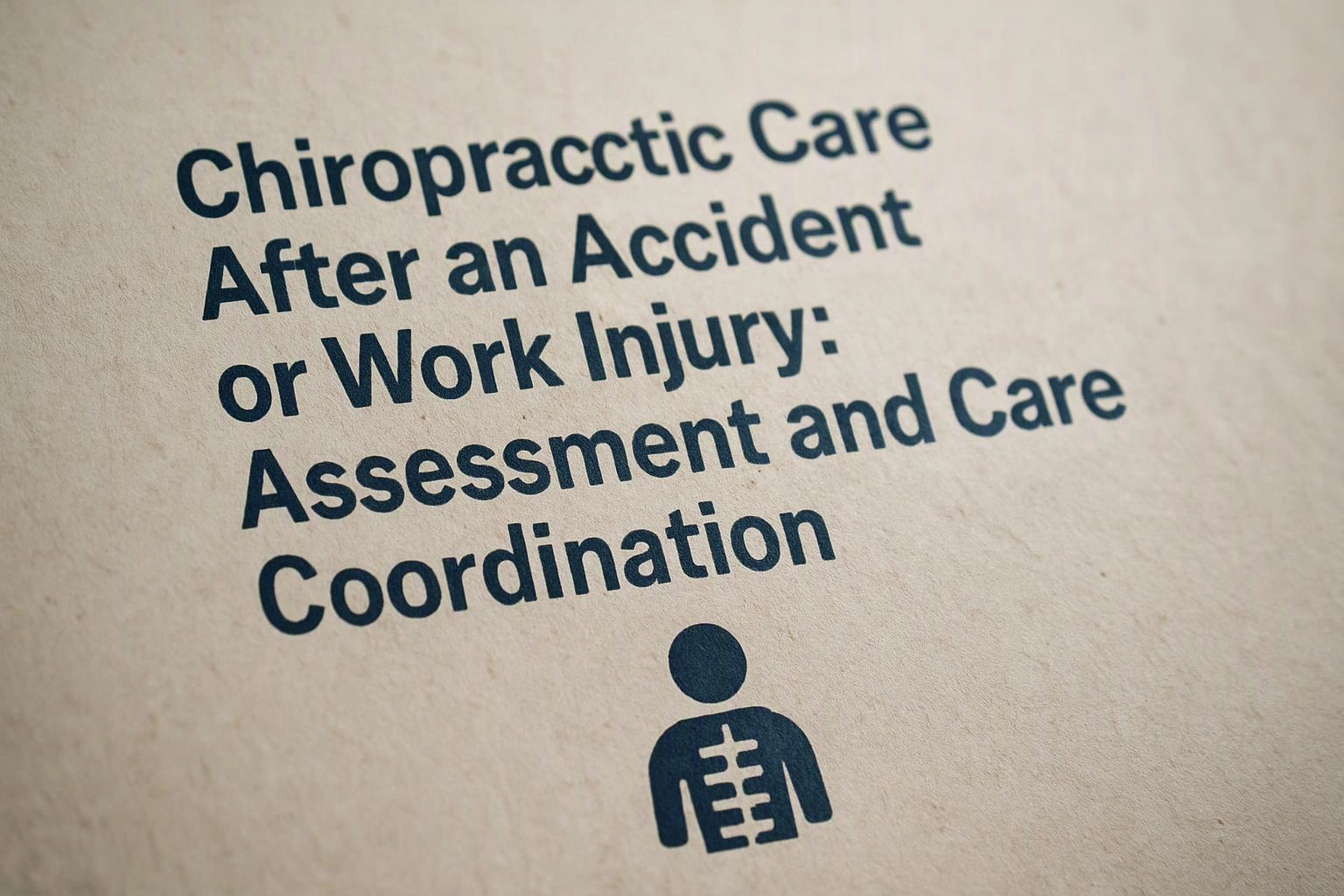 A printed page shows chiropractic care after an accident or work injury with a spine icon below