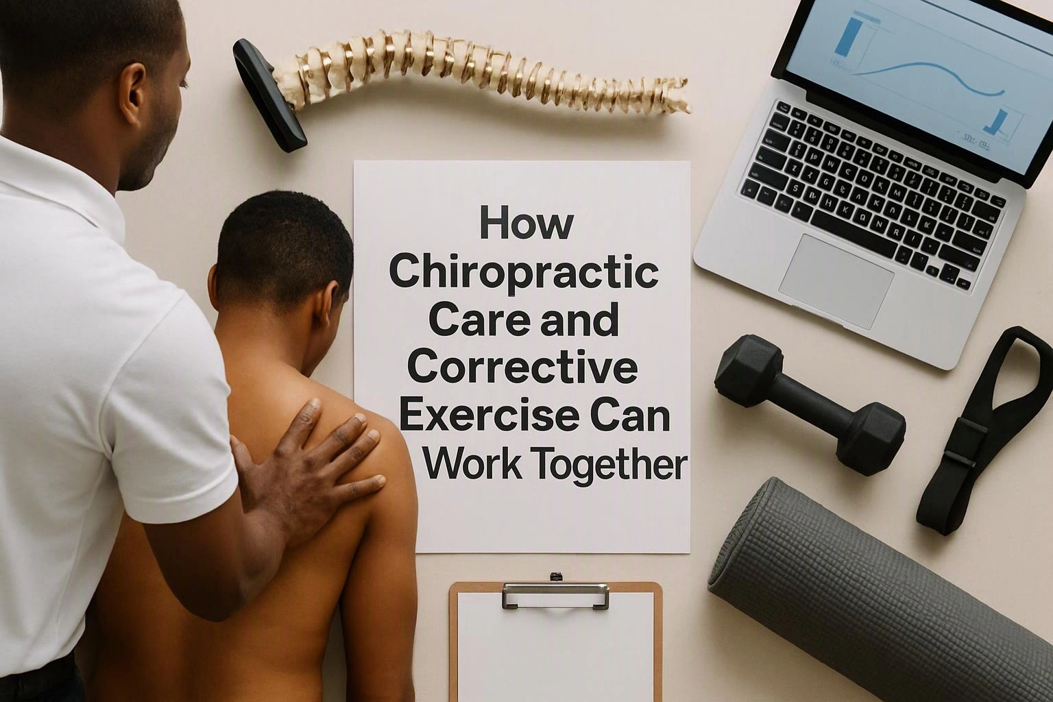 Aerial top-down flat-lay photograph of wide establishing view of a setting where "How Chiropractic Care and Corrective Exercise Can Work Together" naturally