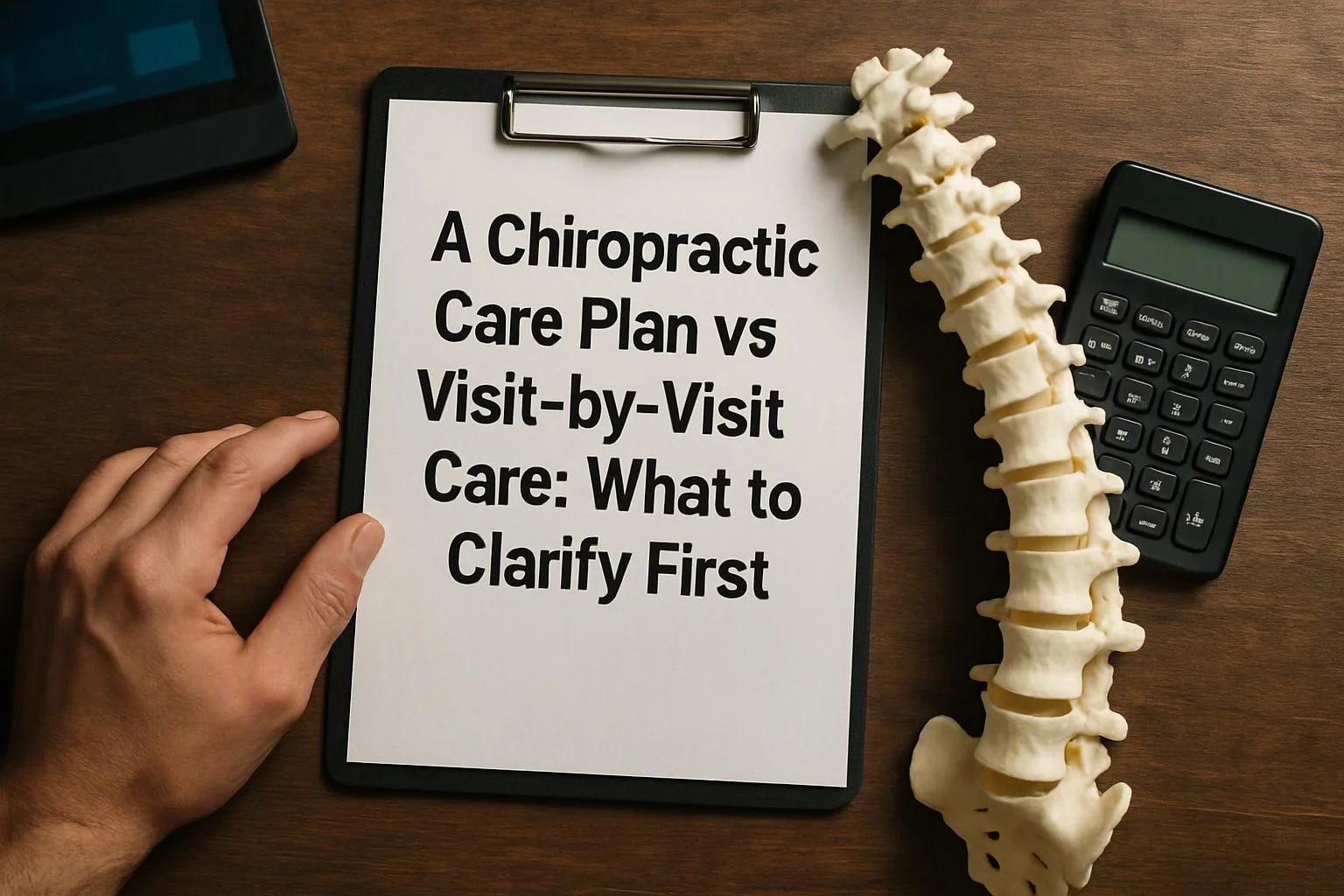 A clipboard on a wooden desk shows chiropractic care plan text beside a spine model, calculator, and a hand