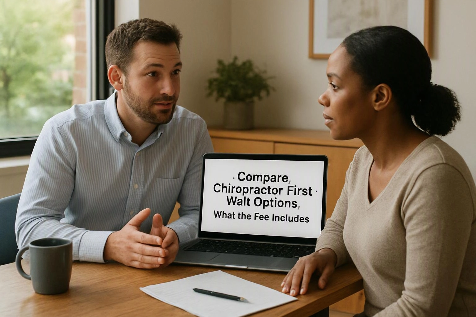 Two-person consultation photograph showing environmental still life in a real workspace where "Compare Chiropractor First-Visit Options