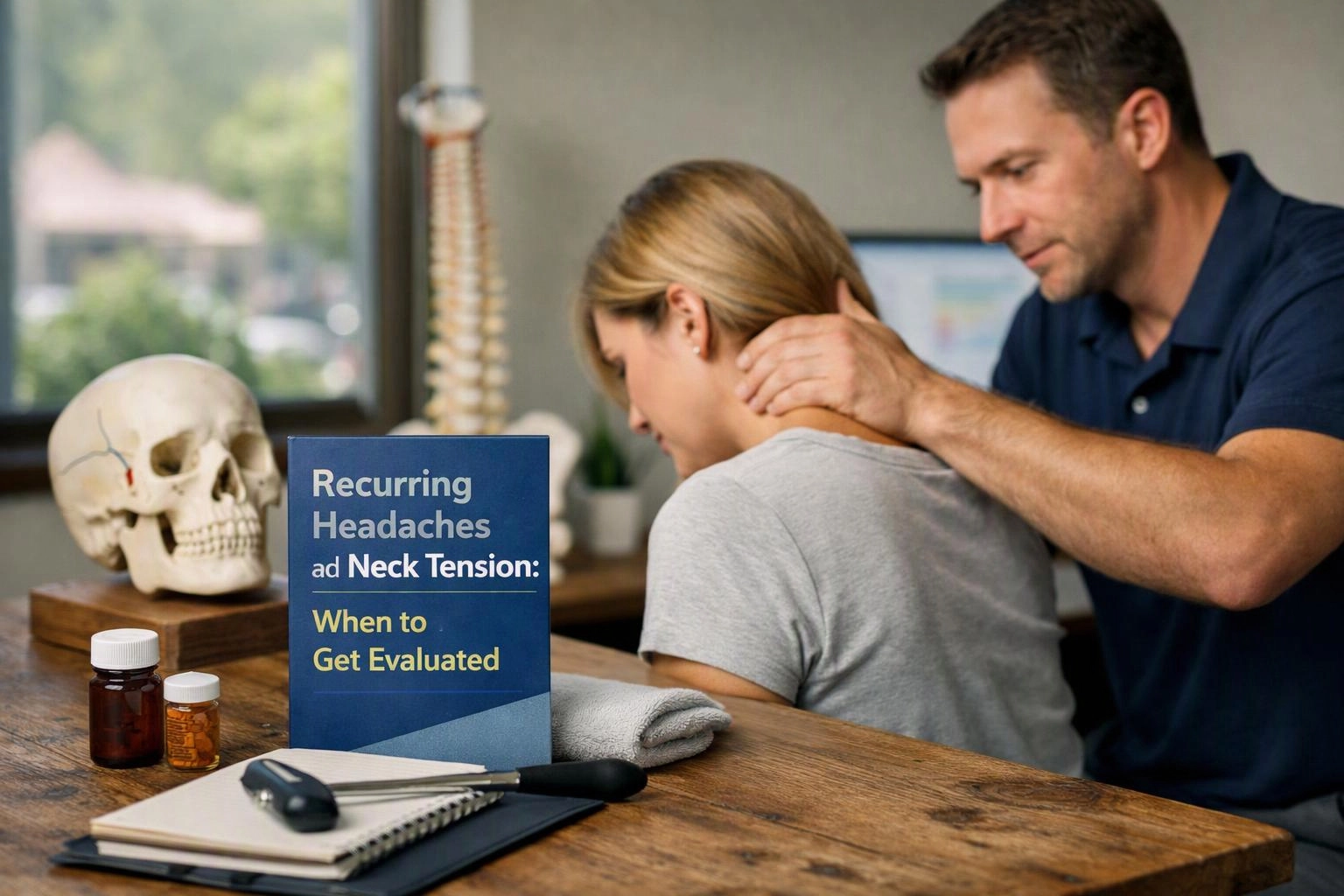 Advertising-grade tabletop still life photograph of wide establishing view of a setting where "Recurring Headaches and Neck Tension
