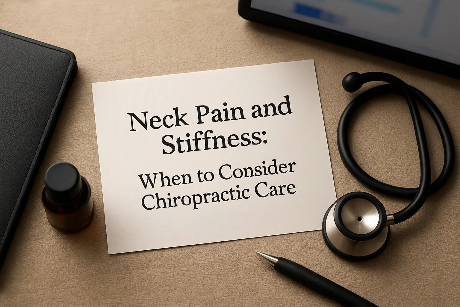 Macro product photograph of overhead flat-lay of items that represent "Neck Pain and Stiffness