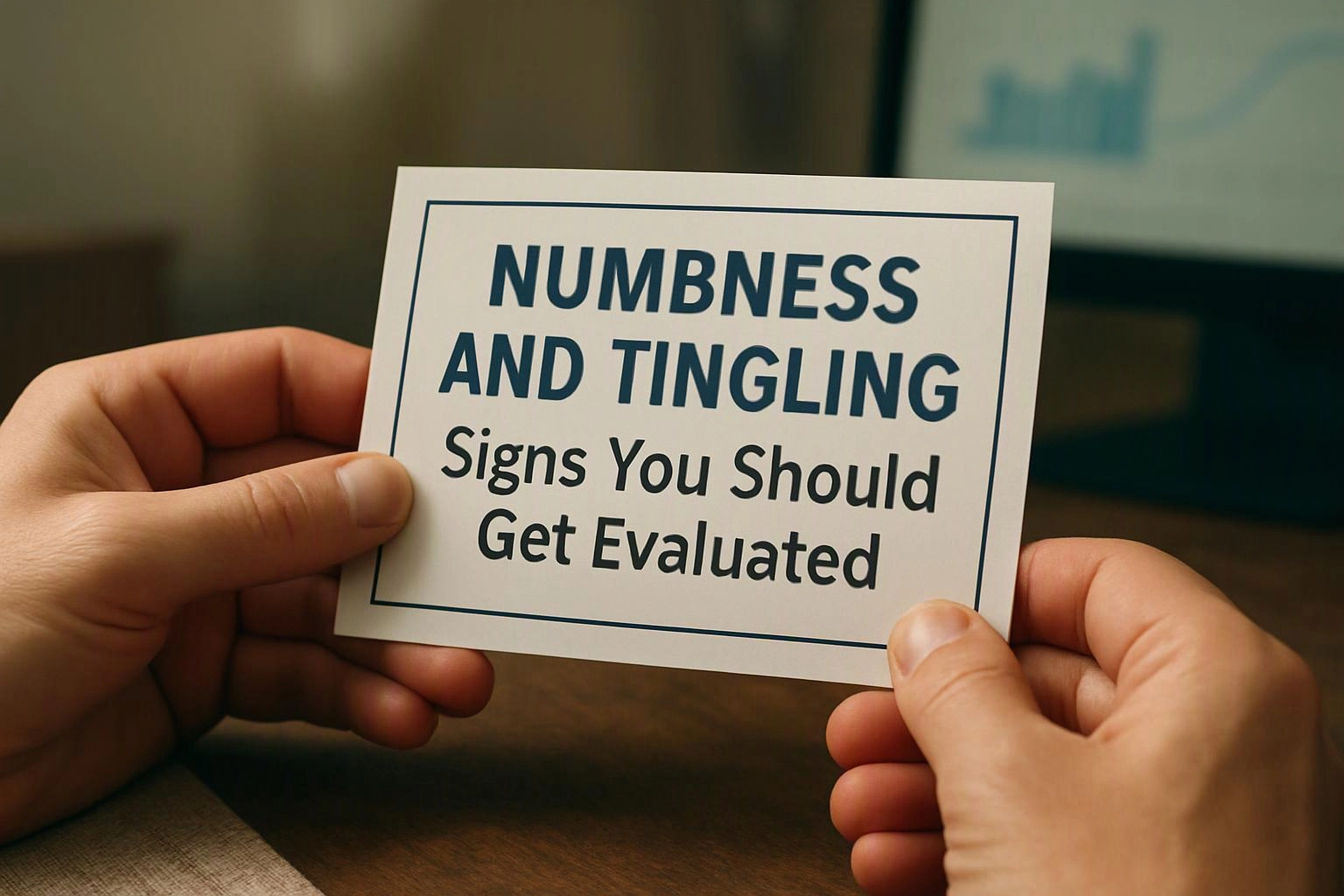 Two hands hold a card reading “NUMBNESS AND TINGLING” and “Signs You Should Get Evaluated” over a desk