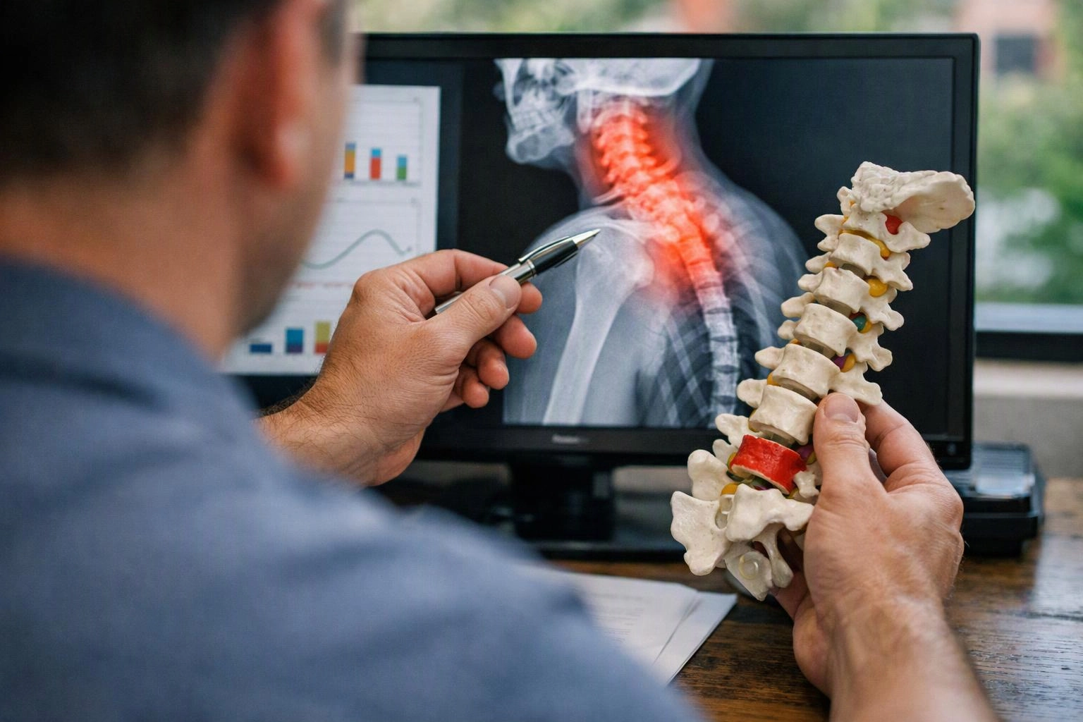 A person studies a neck X-ray on a monitor while holding a spine model and a pen