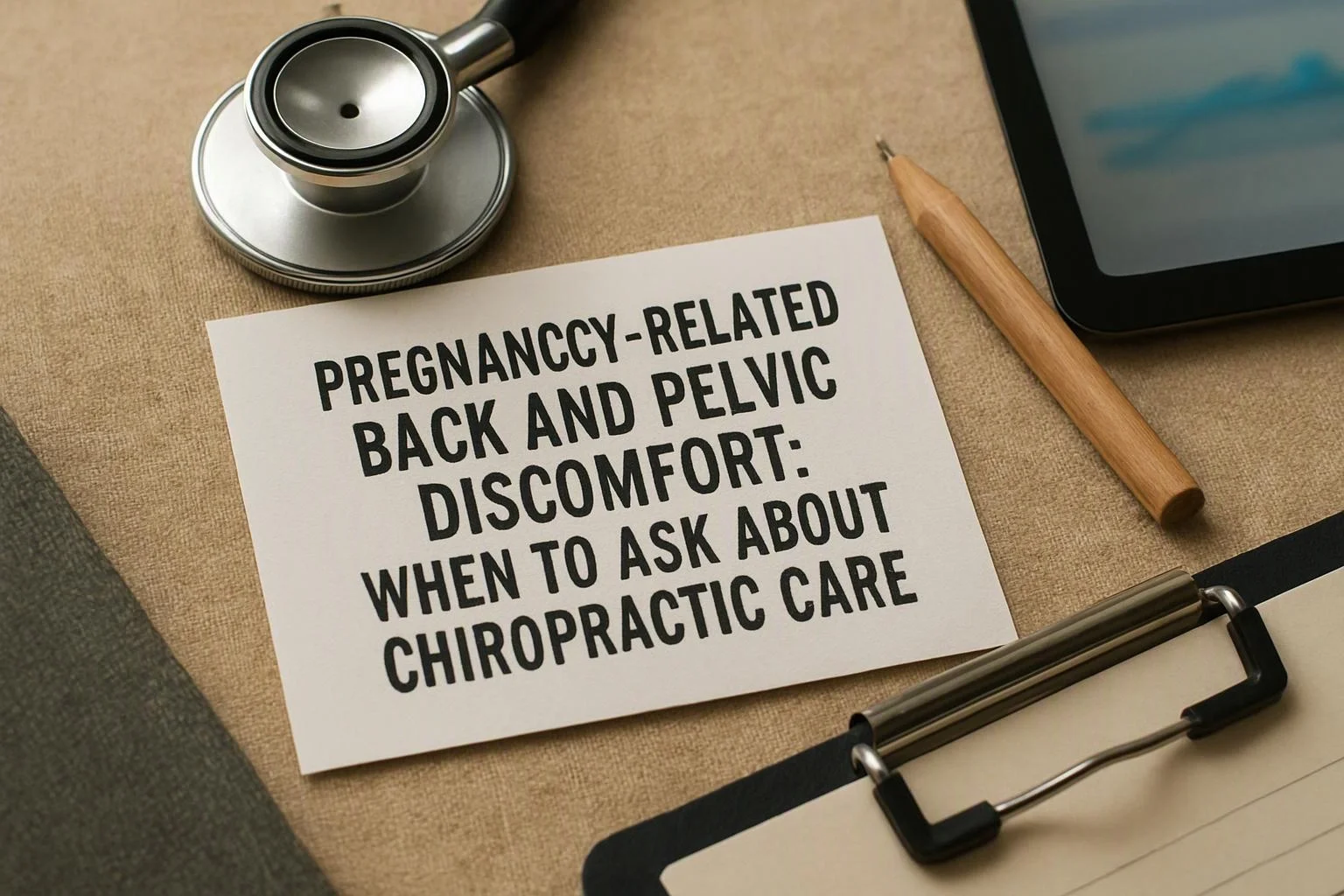 A medical desk shows a printed card about pregnancy-related back and pelvic discomfort beside a stethoscope and clipboard