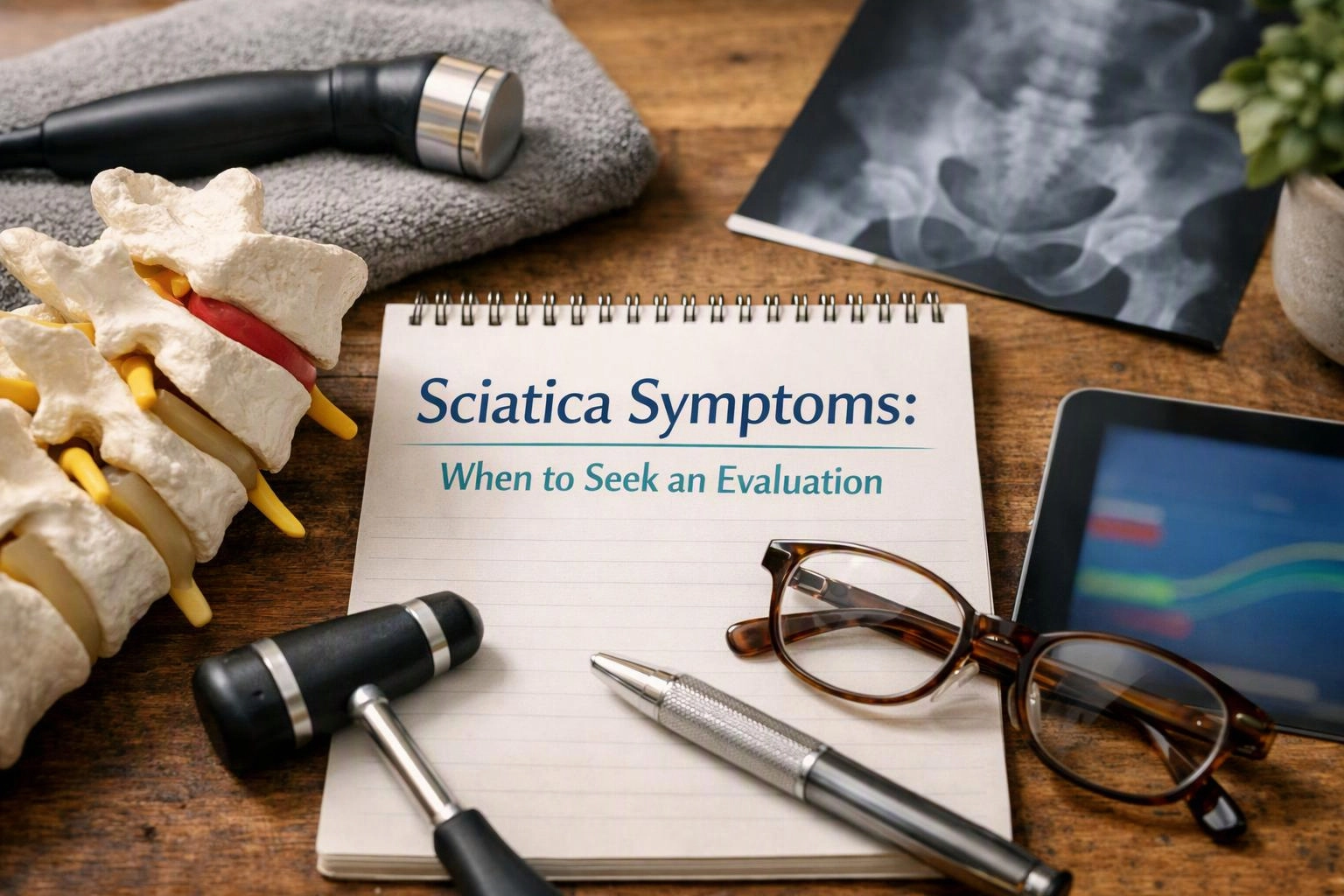 Macro product photograph of overhead flat-lay of items that represent "Sciatica Symptoms