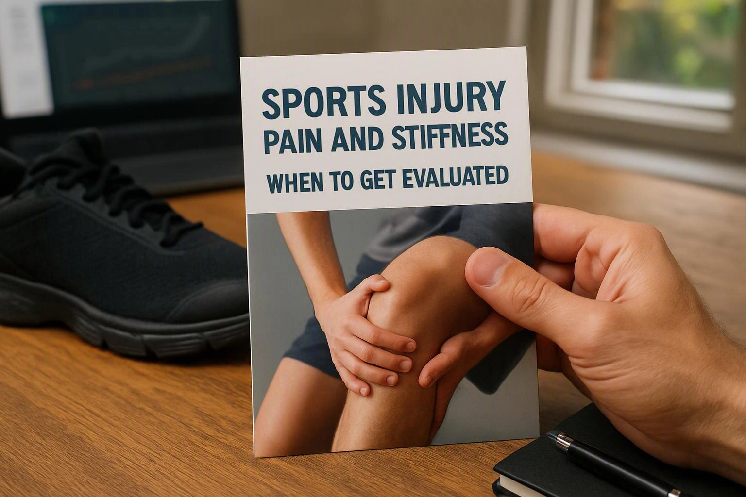 A hand holds a sports injury pamphlet beside a black sneaker on a wooden desk