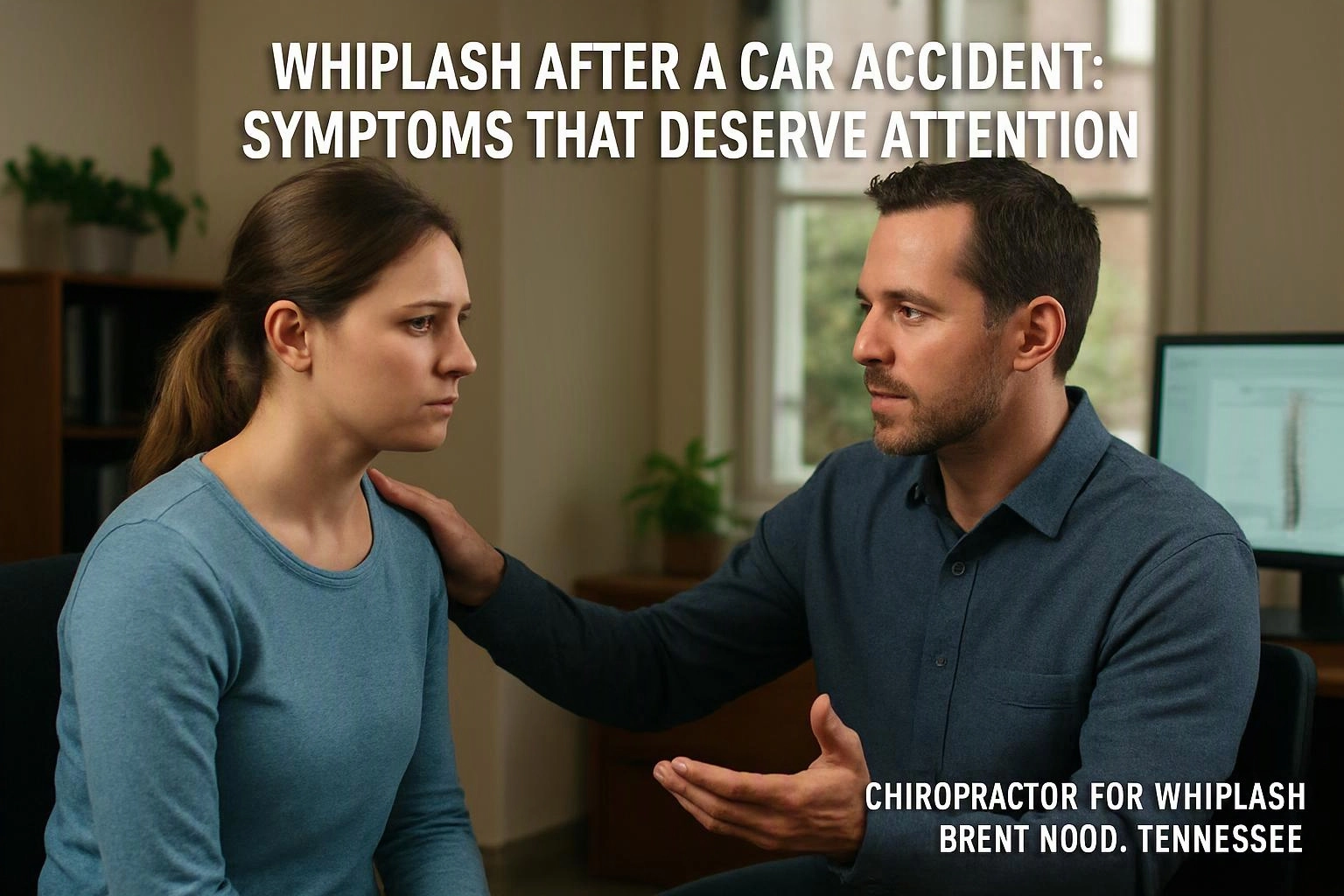 Two-person consultation photograph showing a clear visual metaphor illustrating what "Whiplash After a Car Accident