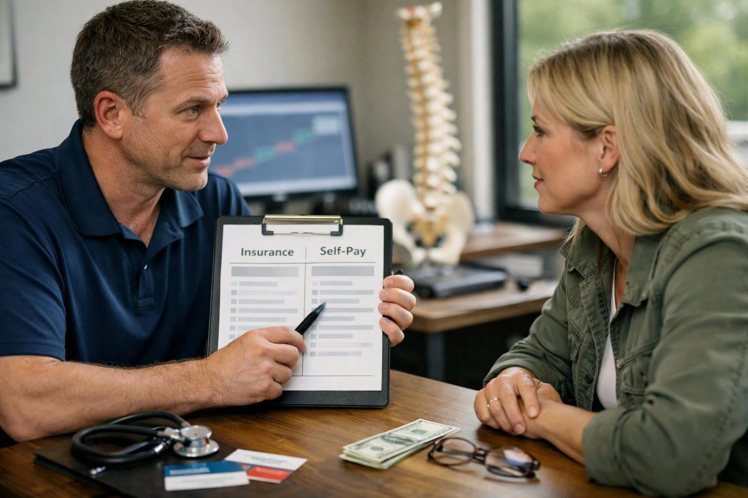 A man shows a clipboard comparing insurance and self-pay options to a woman across a desk in a medical office