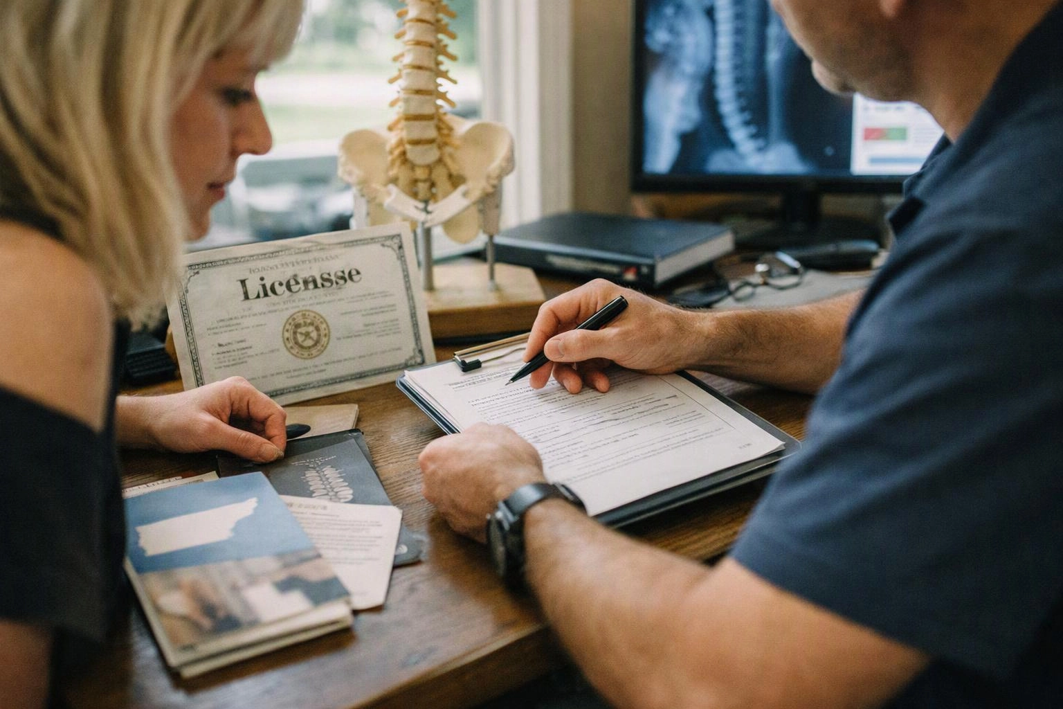 Two people sit at a desk signing paperwork beside a framed license, brochures, and a spine model in an office