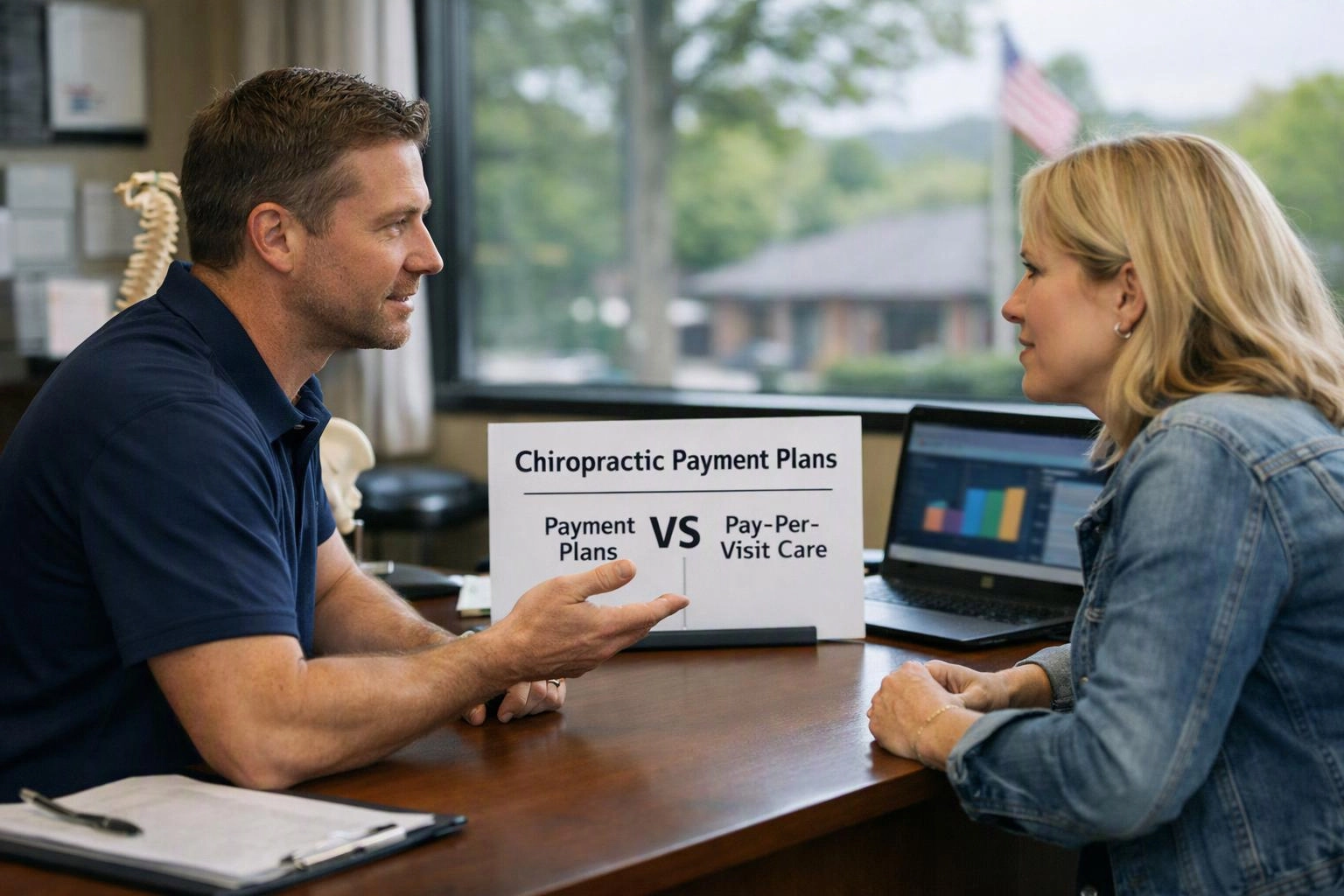 Two-person consultation photograph showing wide establishing view of a setting where "Chiropractic Payment Plans vs Pay-Per-Visit Care" naturally arises in Chiropractor work