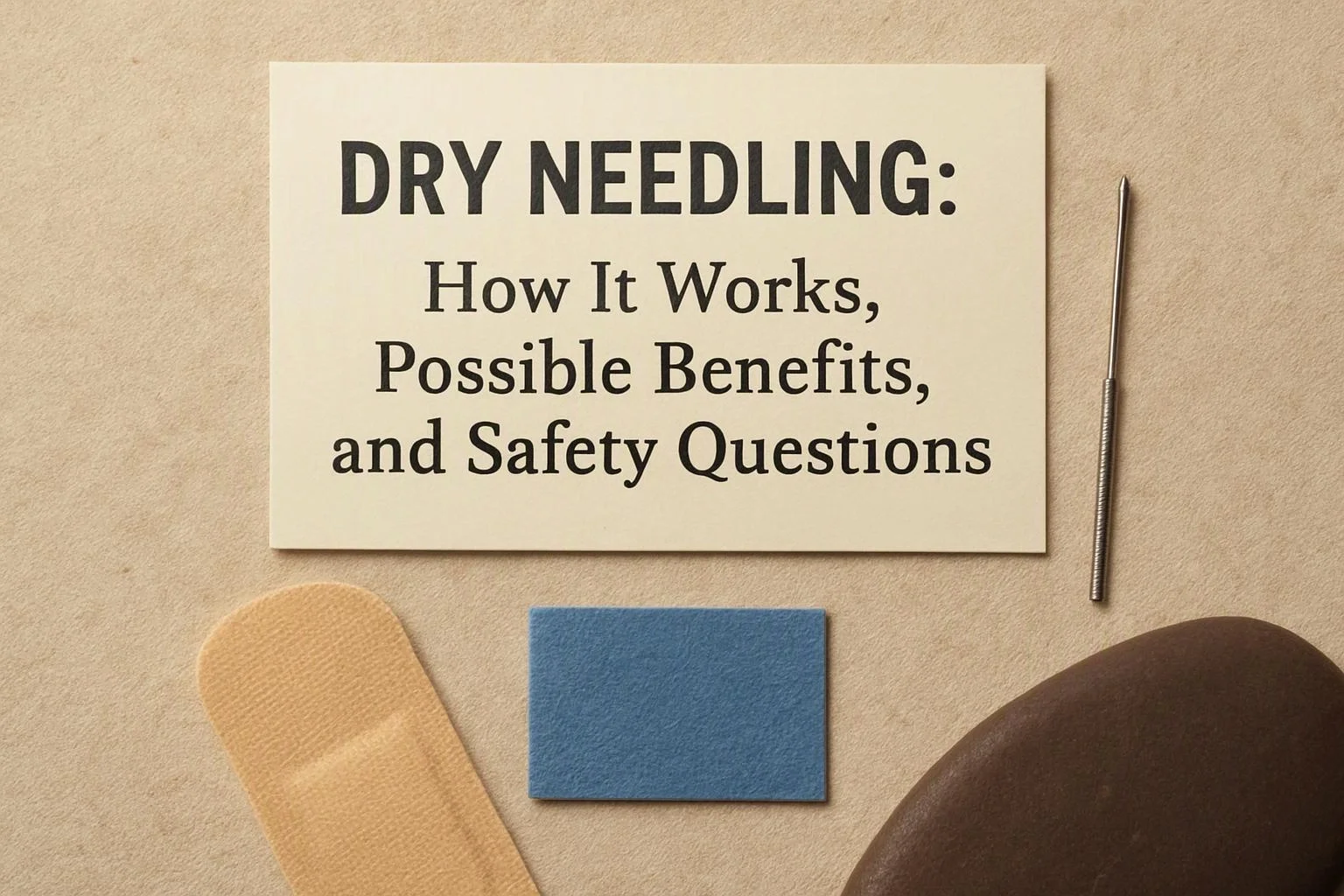 Macro product photograph of overhead flat-lay of items that represent "Dry Needling: How It Works, Possible Benefits