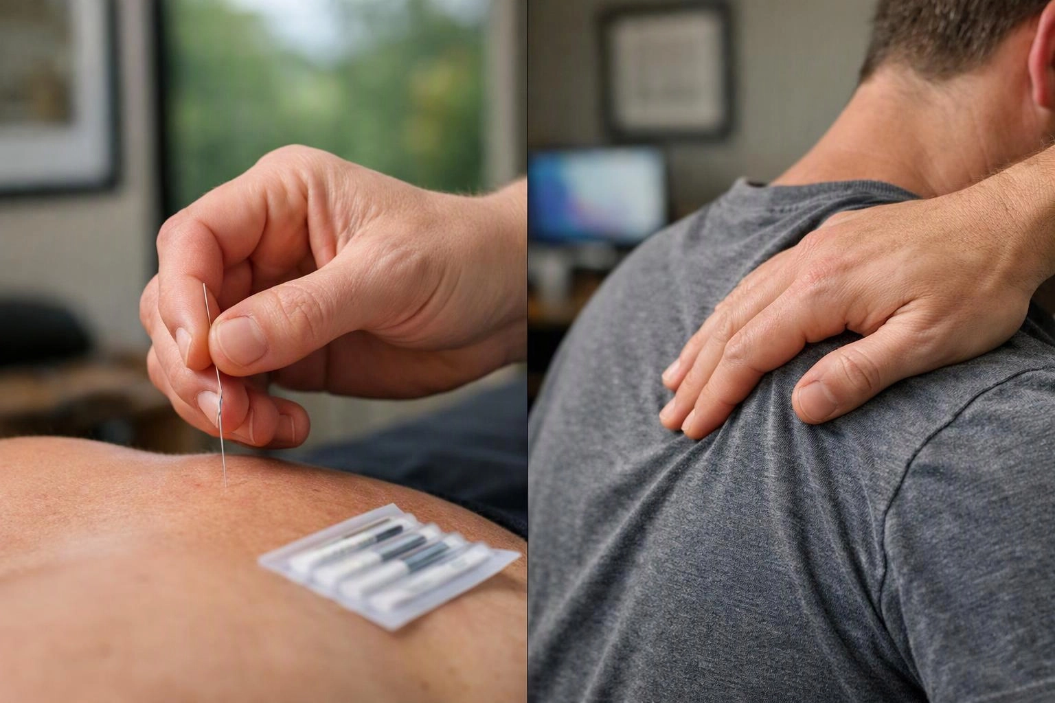 A hand inserts a thin acupuncture needle into bare skin while another hand rests on a person’s shoulder indoors