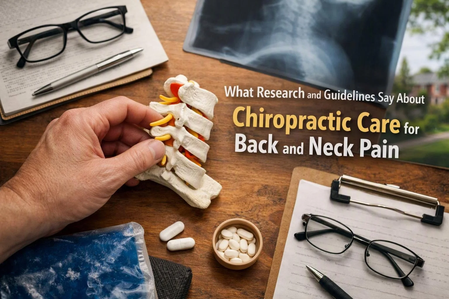 A hand holds a spine model on a desk with glasses, pills, papers, and a screen showing back pain text
