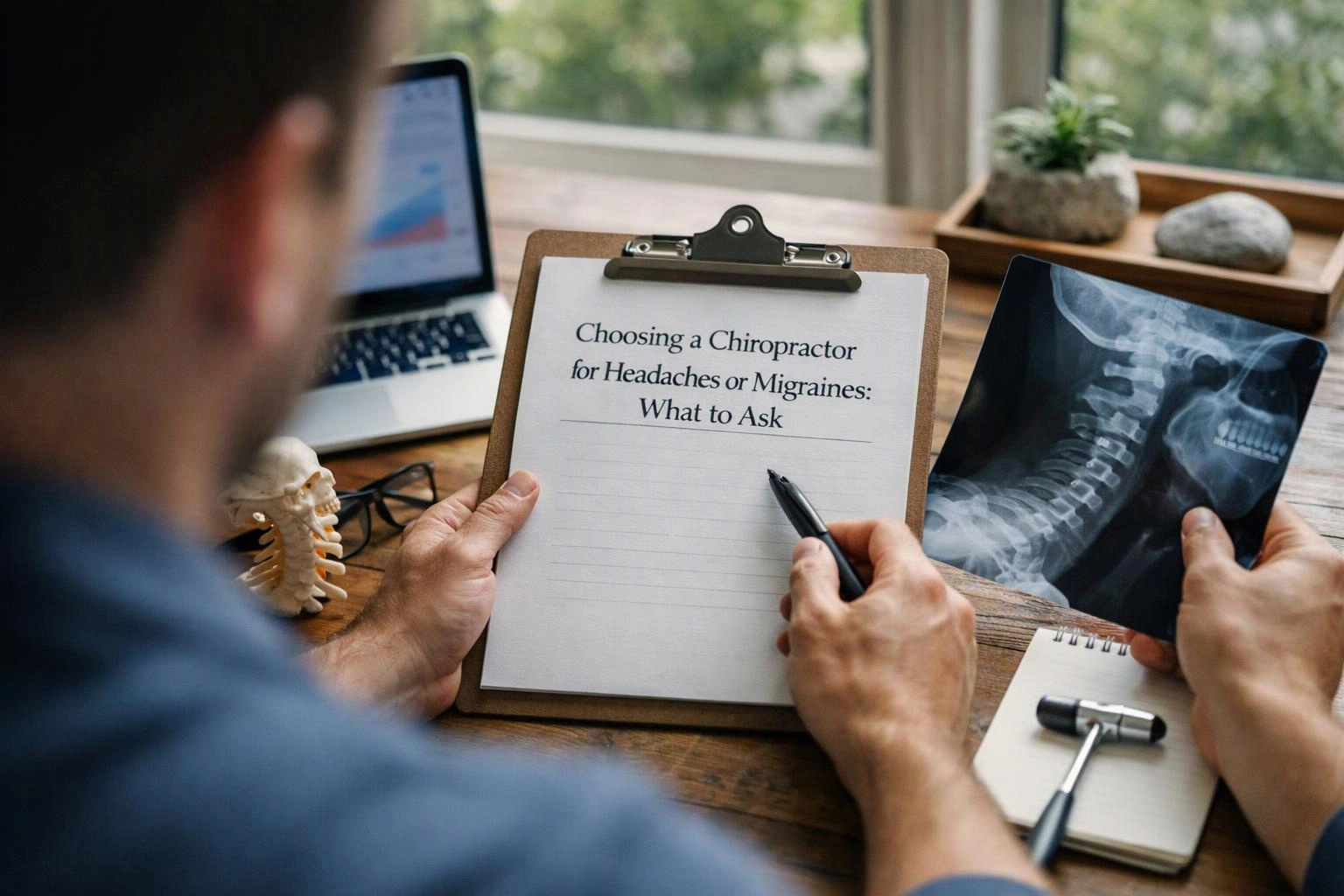 A person studies a clipboard page and neck X-ray at a desk with a laptop, notebook, and small spine model