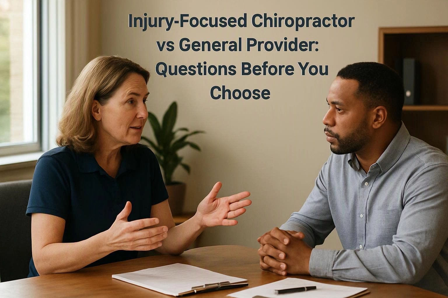 Two-person consultation photograph showing wide establishing view of a setting where "Injury-Focused Chiropractor vs General Provider
