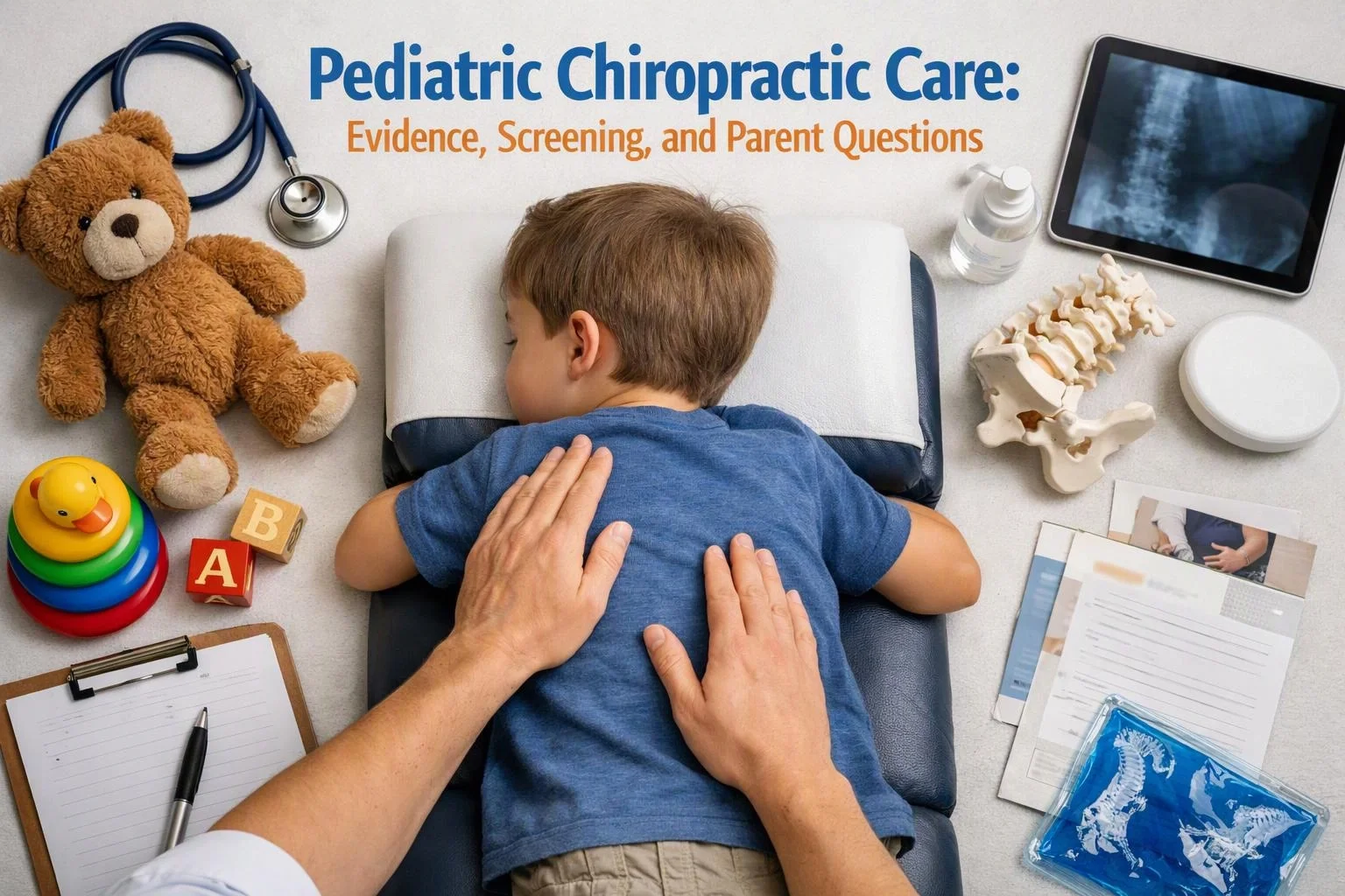 Aerial top-down flat-lay photograph of wide establishing view of a setting where "Pediatric Chiropractic Care: Evidence