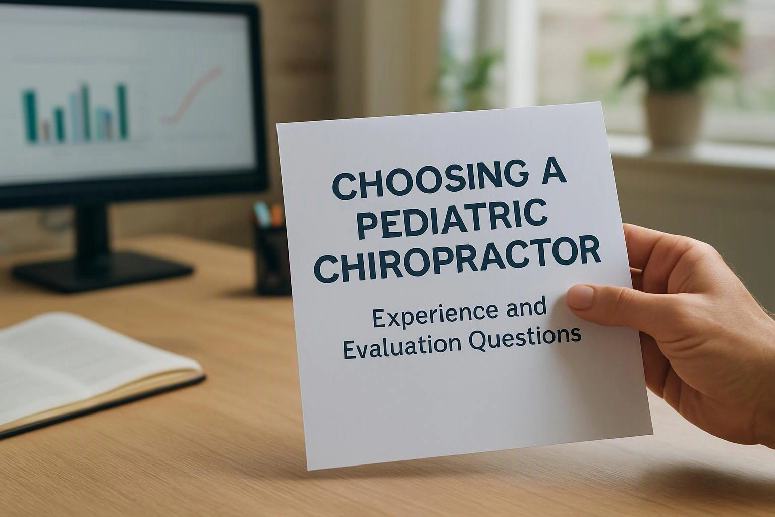 A hand holds a card reading "CHOOSING A PEDIATRIC CHIROPRACTOR" above a desk with a blurred monitor and notebook