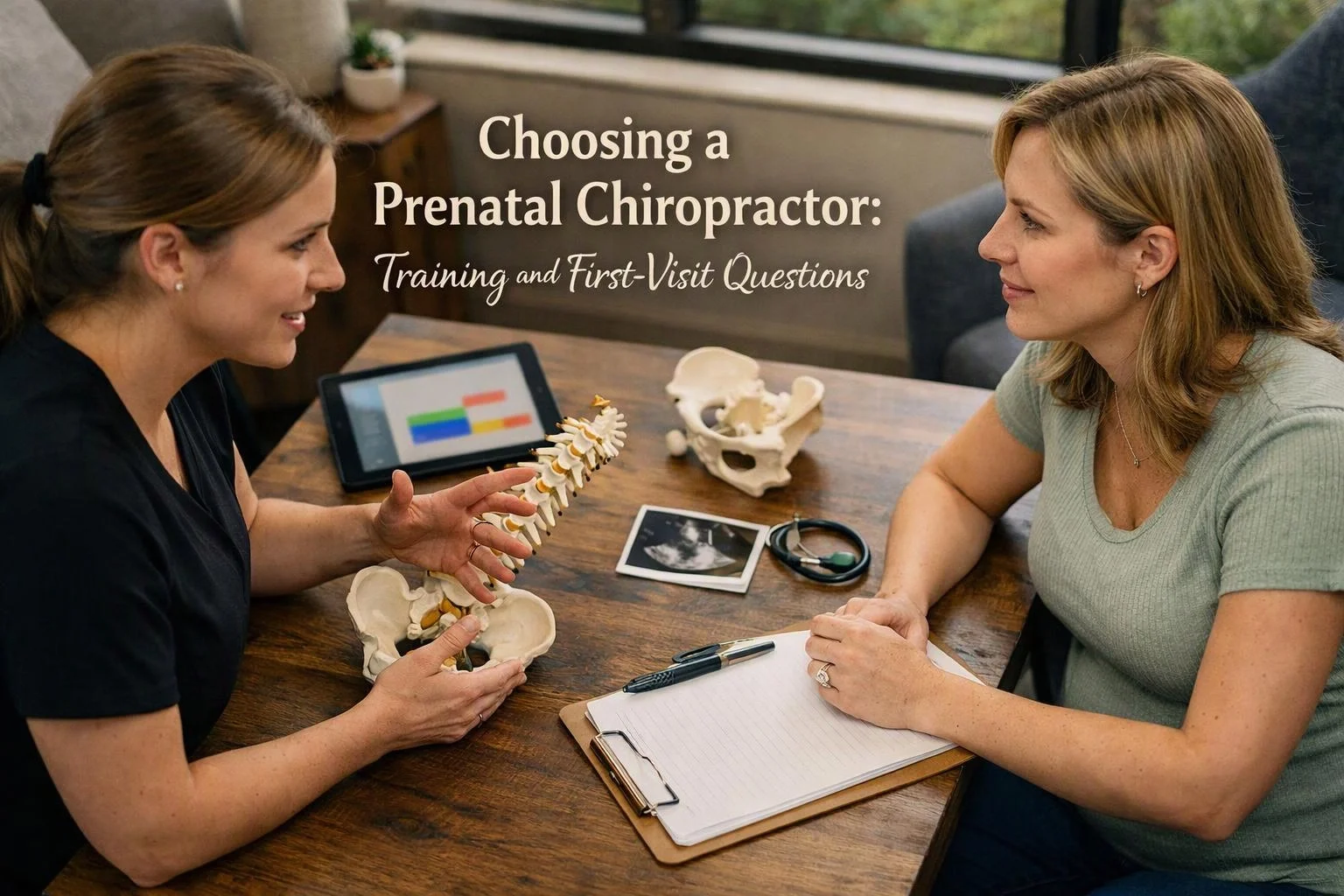 Two-person consultation photograph showing overhead flat-lay of items that represent "Choosing a Prenatal Chiropractor