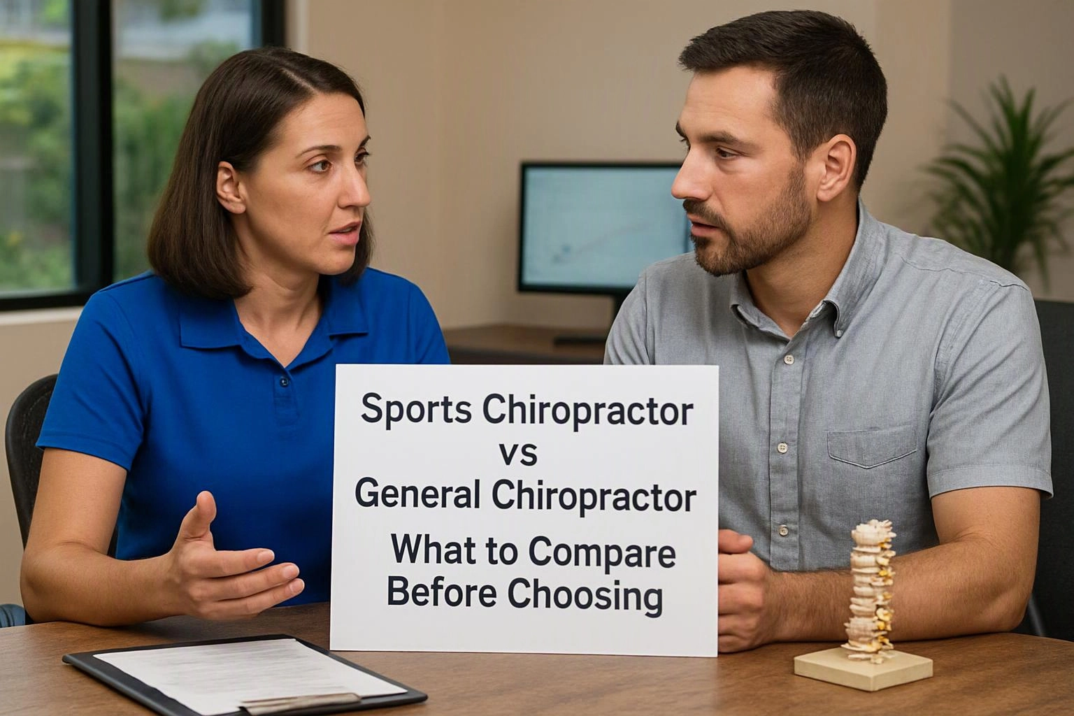 Two people sit at a table in an office, talking beside a sign about sports and general chiropractors