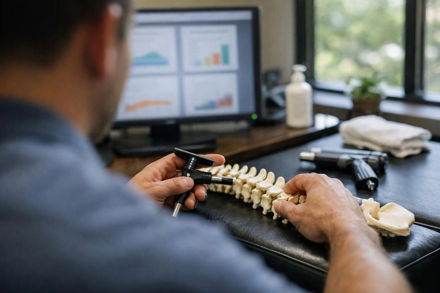 A person examines a plastic spine model with a small tool at a desk, with a computer monitor and supplies nearby