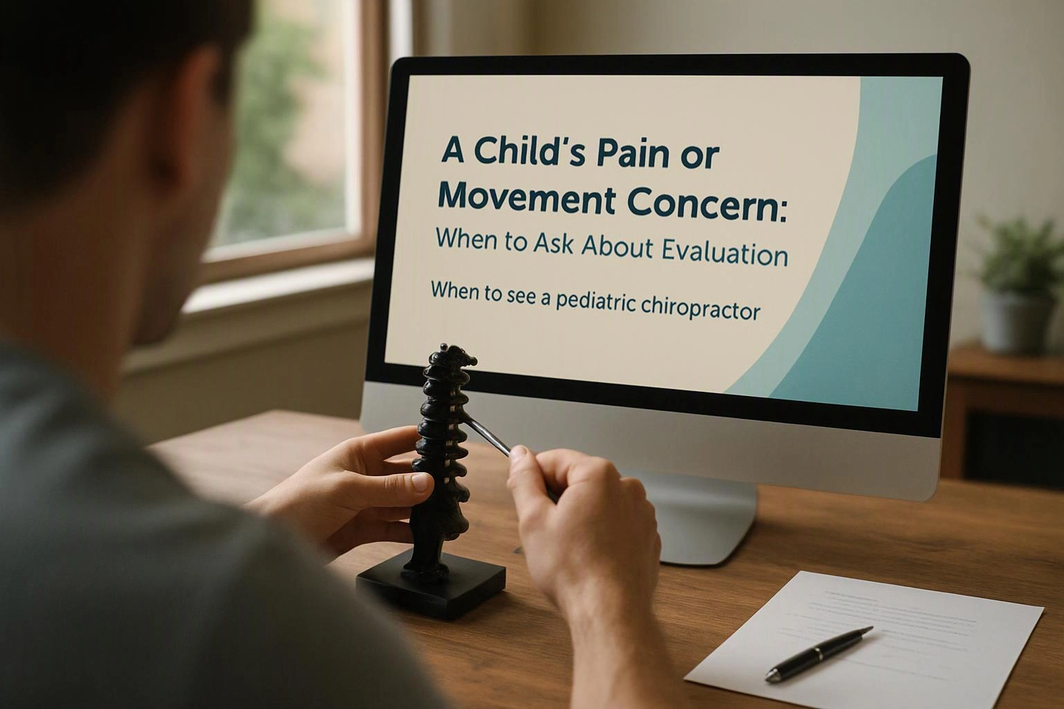 A person studies a spine model beside a desktop screen showing a child pain and movement evaluation slide