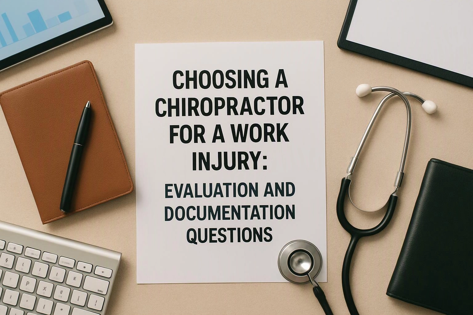 Aerial top-down flat-lay photograph of overhead flat-lay of items that represent "Choosing a Chiropractor for a Work Injury