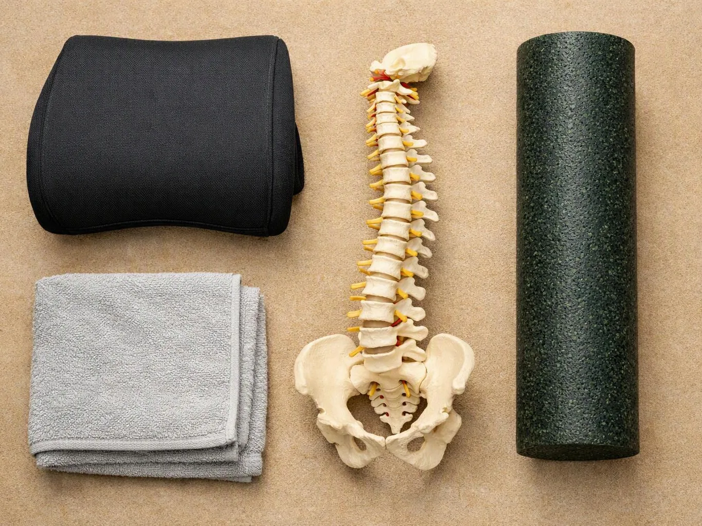 A back brace, folded towel, spine model, and foam roller lie on a beige surface
