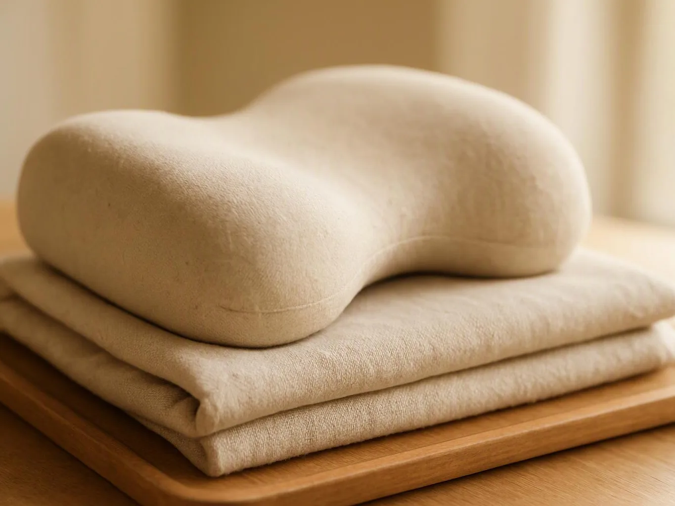 A beige contoured cushion rests on folded linen atop a wooden tray in soft light
