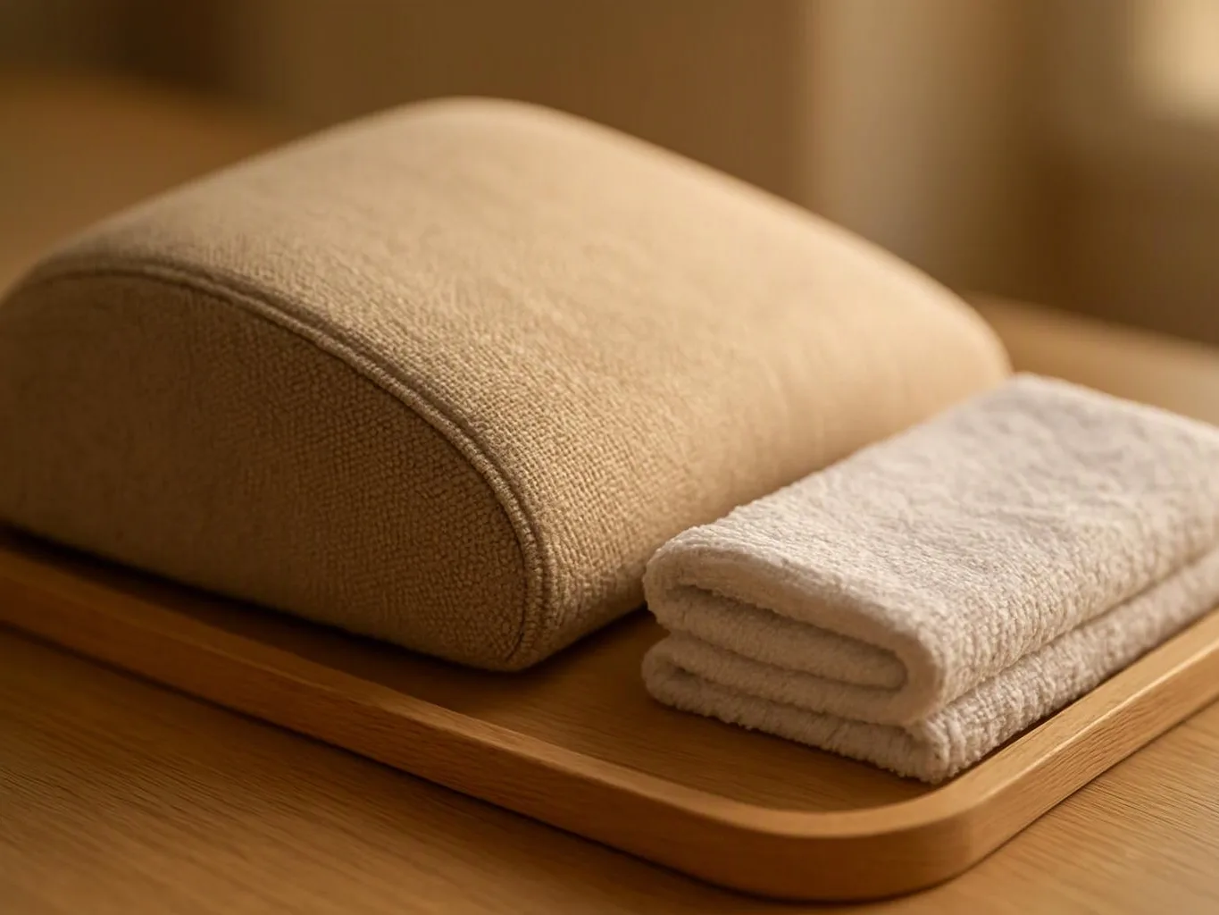 A beige cushion and folded towel rest on a wooden tray in warm light
