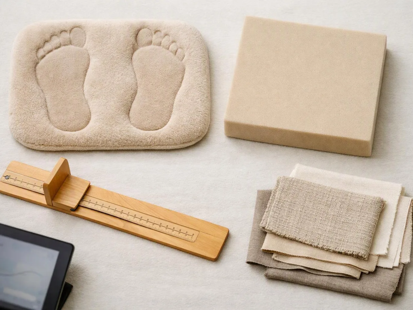 A beige foam foot mold, a wooden measuring tool, stacked fabric swatches, and a tablet sit on a light surface