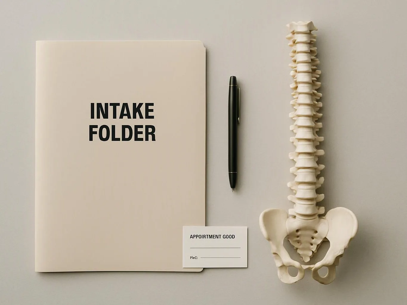 A beige intake folder, black pen, appointment card, and spine model sit neatly on a gray surface