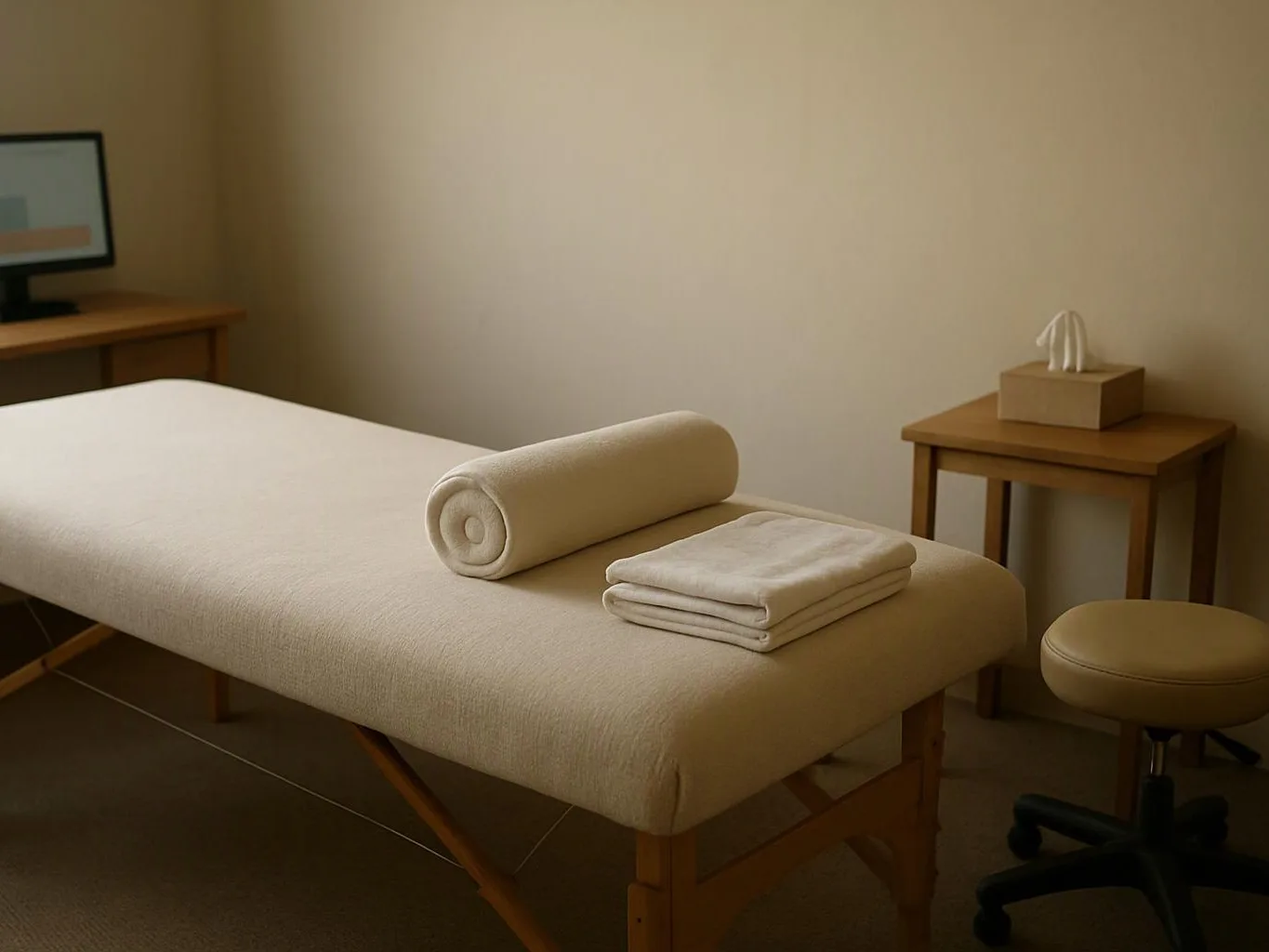 A beige massage table holds a rolled towel and folded linens in a quiet treatment room