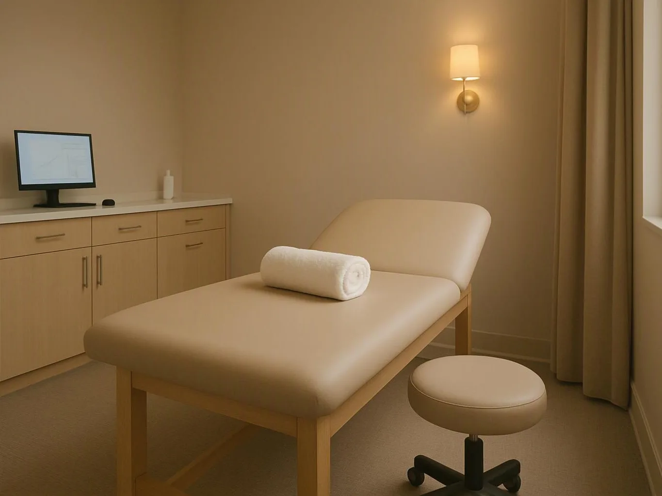 A beige treatment room shows a padded table, a rolled towel, a stool, a monitor, and soft wall lighting