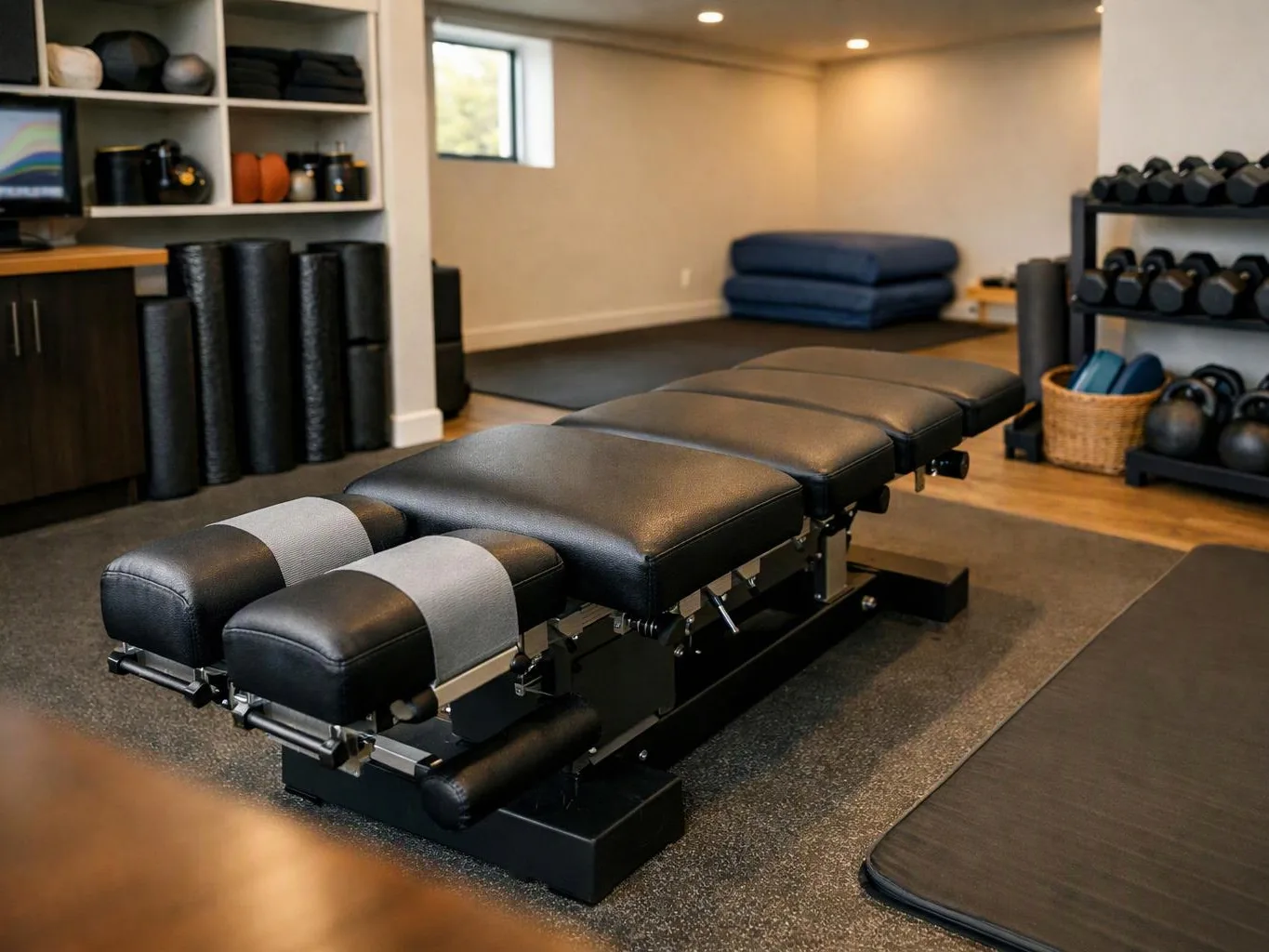 A black adjustable treatment table sits in a tidy workout room with mats, dumbbells, and shelves of fitness gear