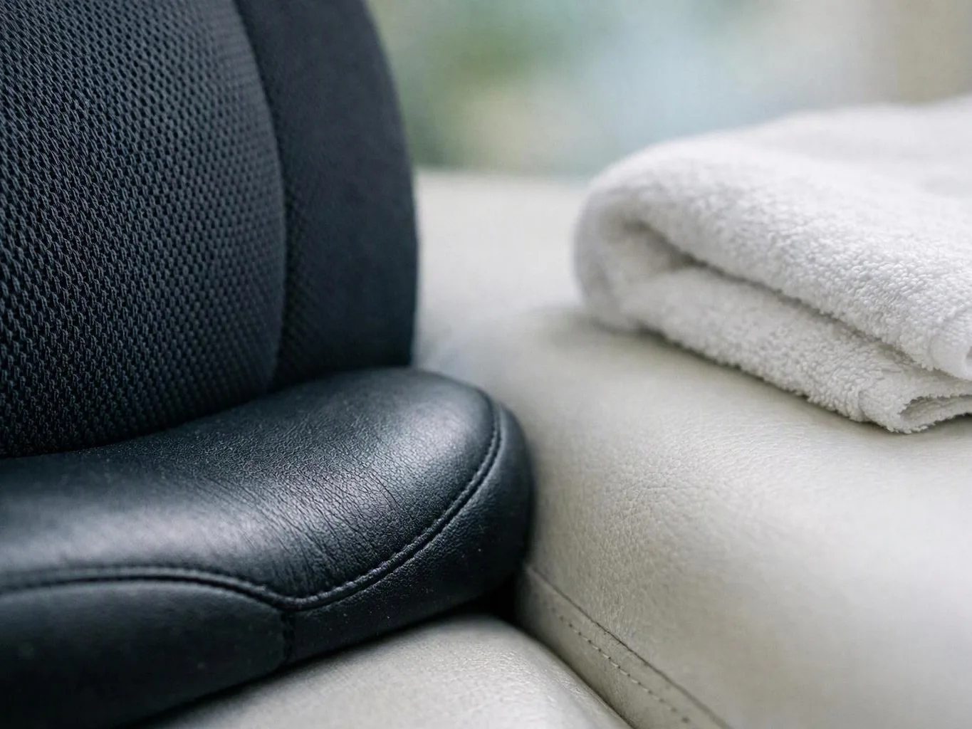 A black chair cushion sits beside a folded white towel on a light sofa