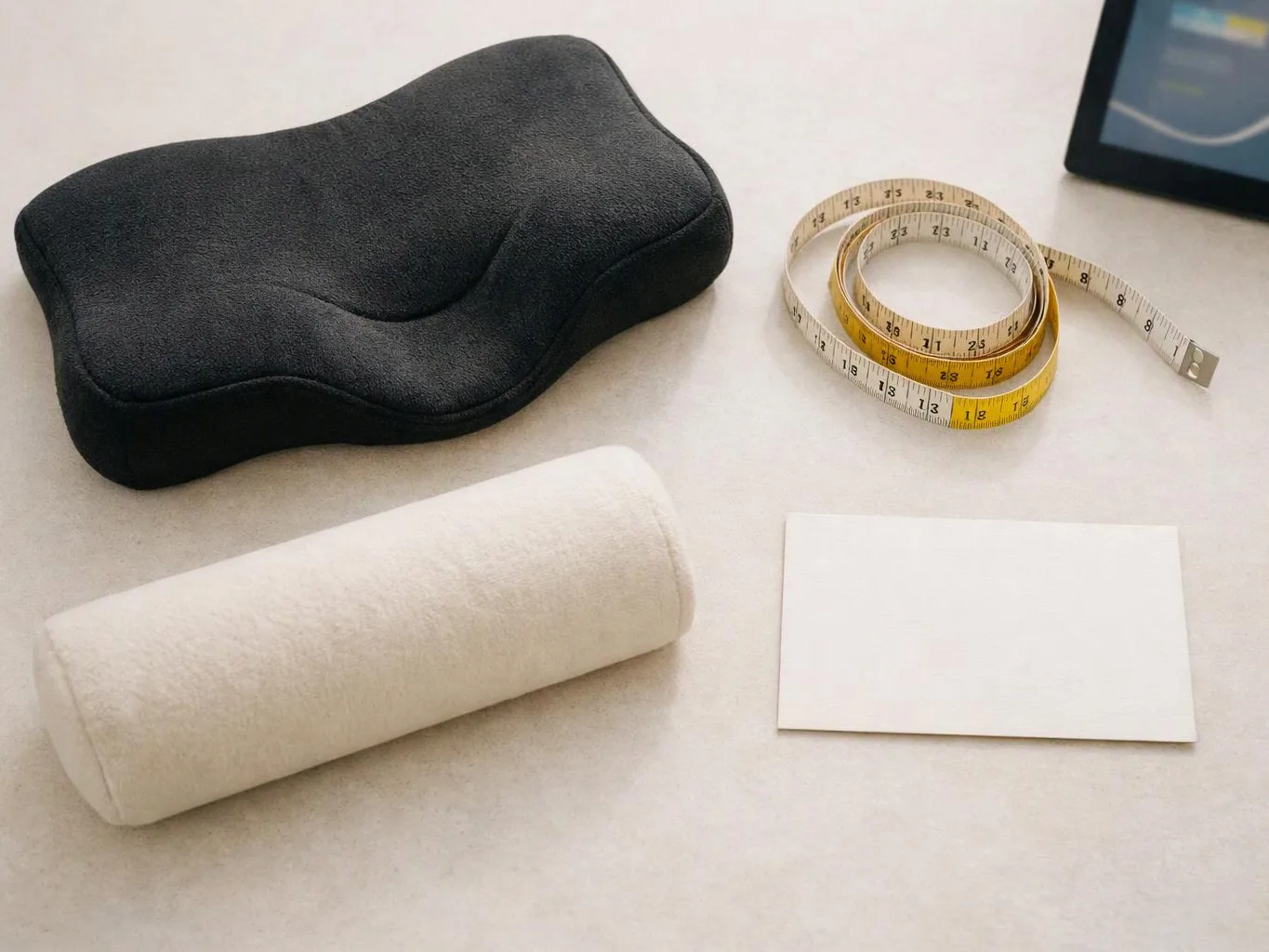 A black contoured cushion, a white cylinder, a measuring tape, and a blank card sit on a light tabletop