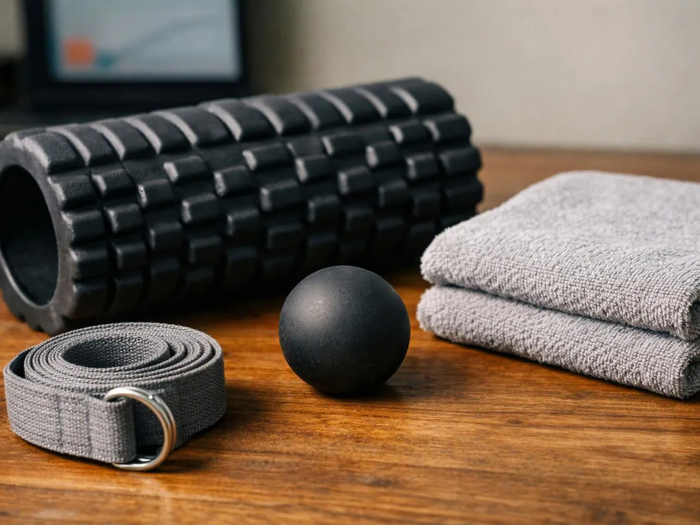 A black foam roller, gray strap, massage ball, and folded towels sit on a wooden table