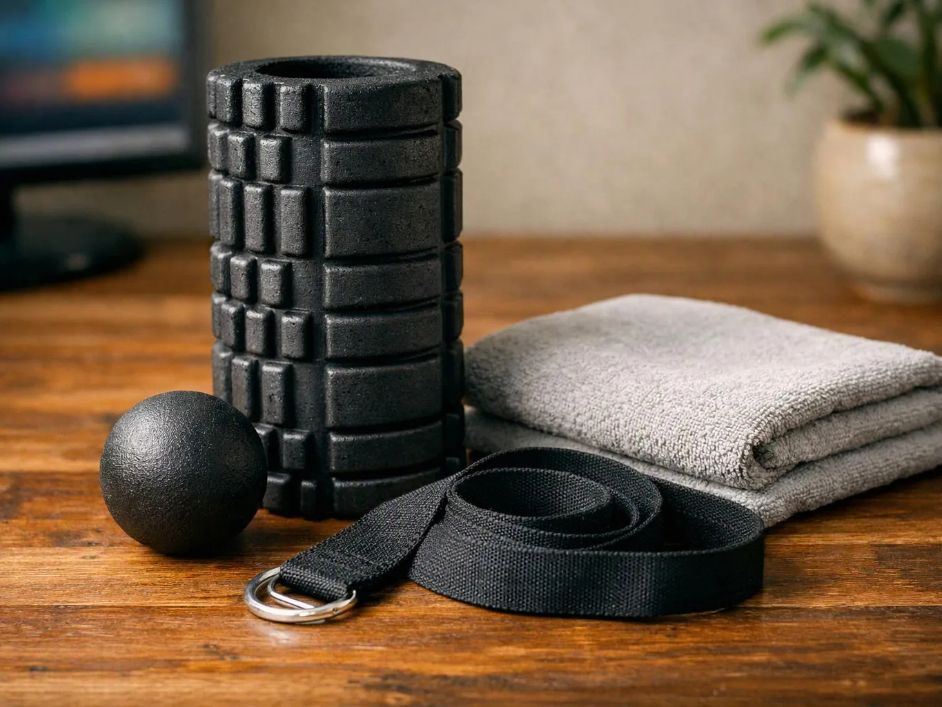 A black foam roller, massage ball, strap, and folded gray towel sit on a wooden table