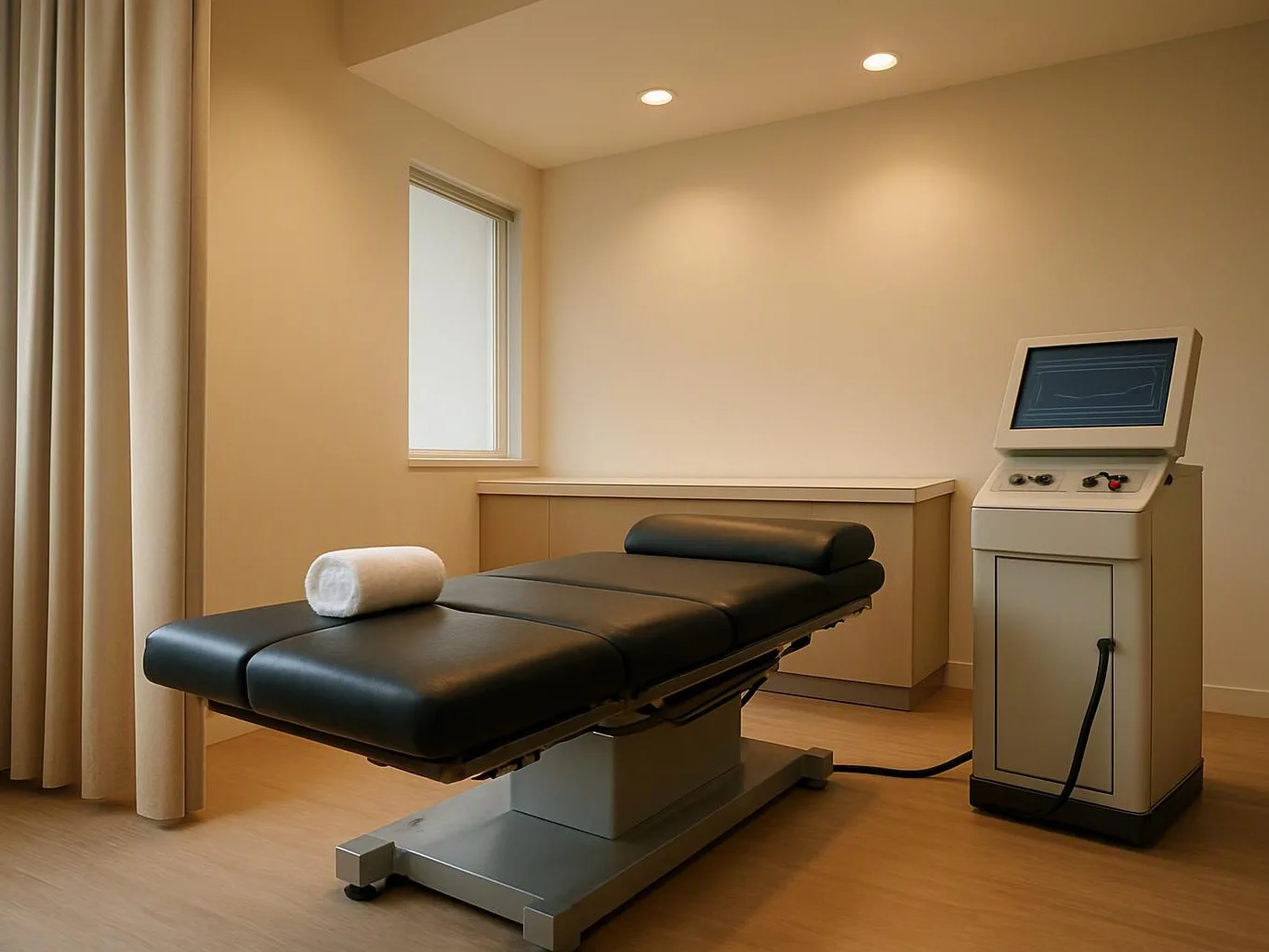 A black treatment table sits in a beige room beside a control machine and curtained window