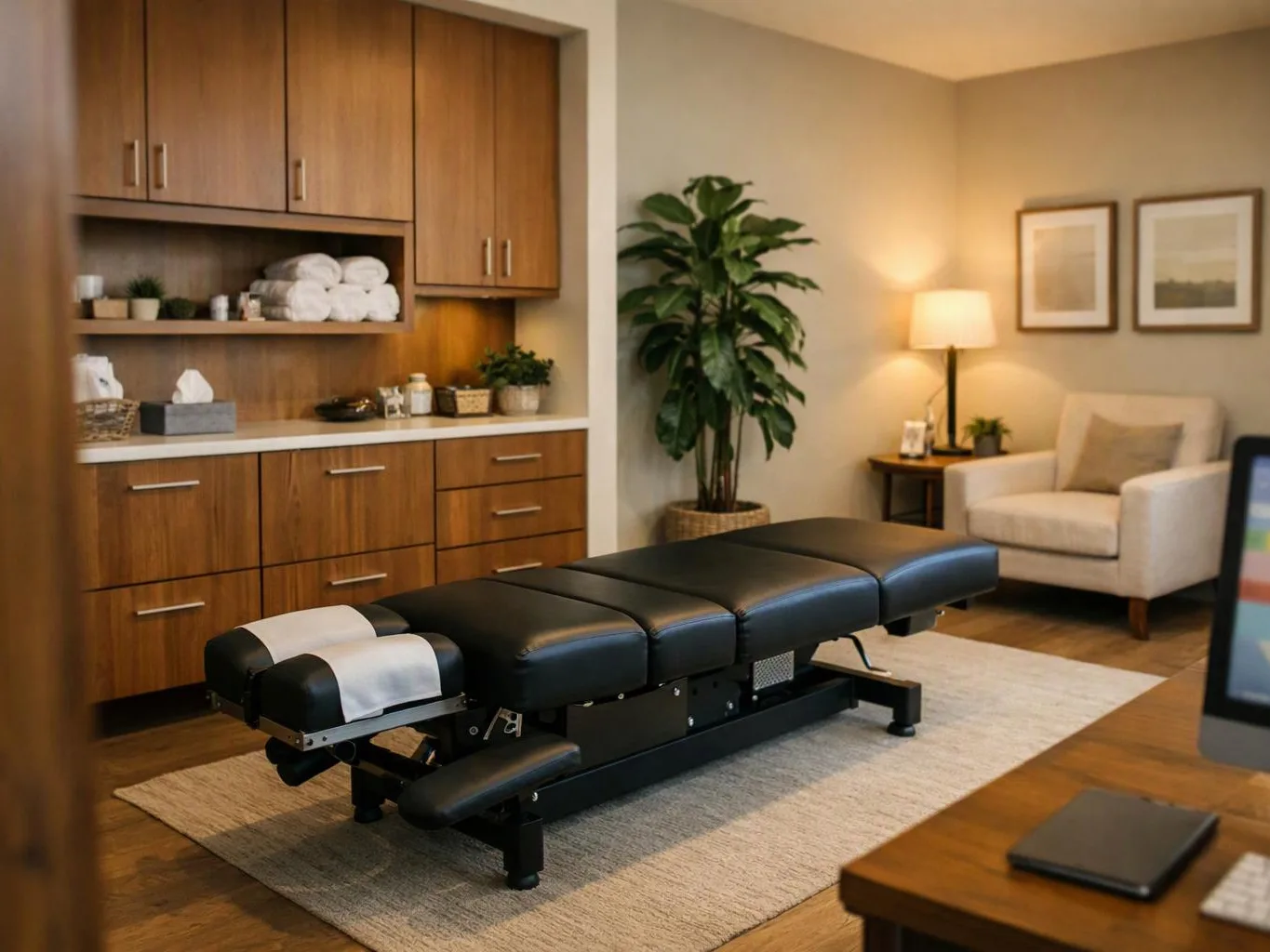 A black treatment table sits in a tidy spa room with wood cabinets, a lamp, chair, and potted plant