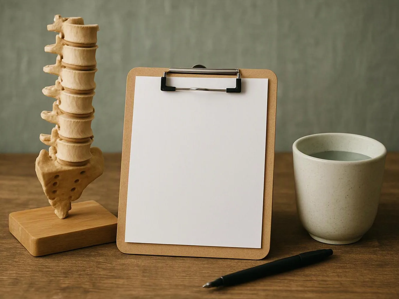 A blank clipboard sits beside a spine model, a cup, and a pen on a wooden table