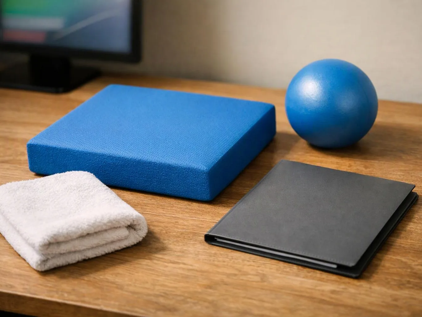 Blue exercise props, a folded white towel, and a black notebook sit on a wooden table