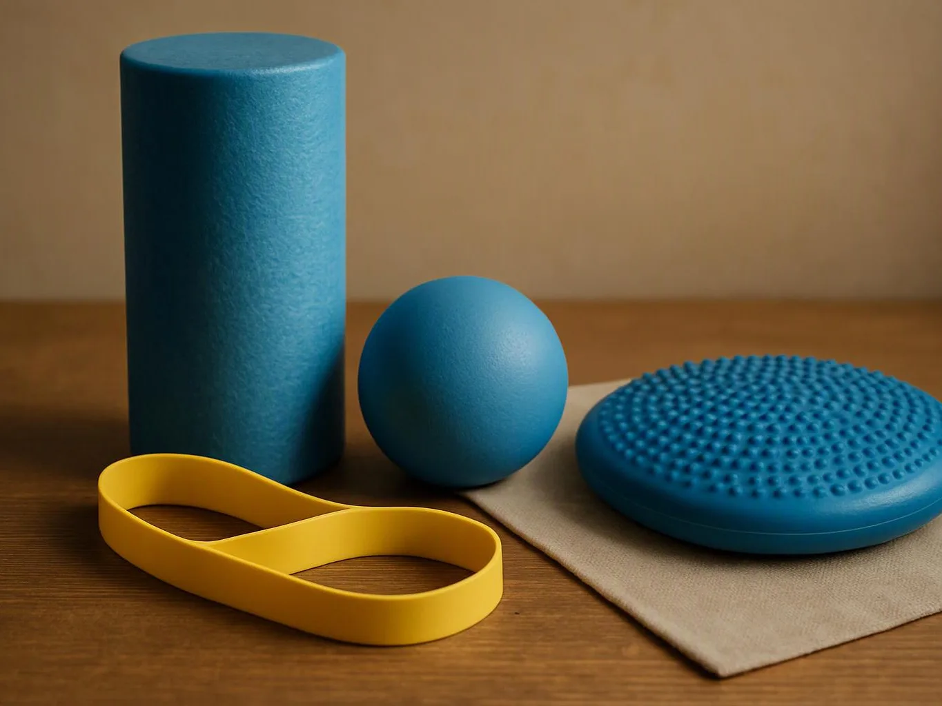 Blue exercise props, a yellow resistance loop, and a textured balance disc sit on a wooden table