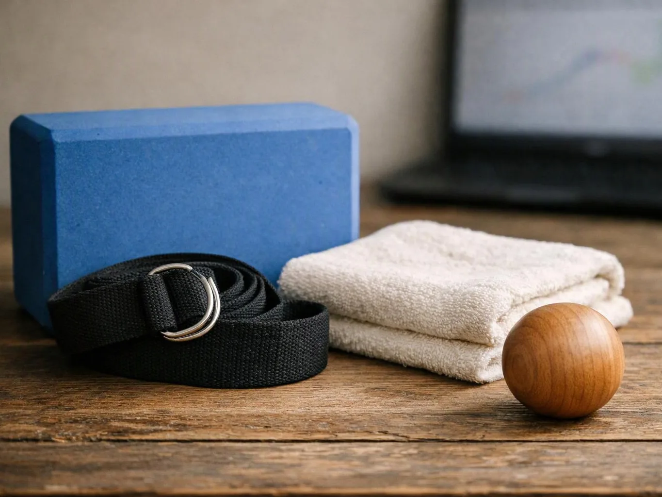 A blue yoga block, black strap, folded towel, and wooden massage ball rest on a wooden table