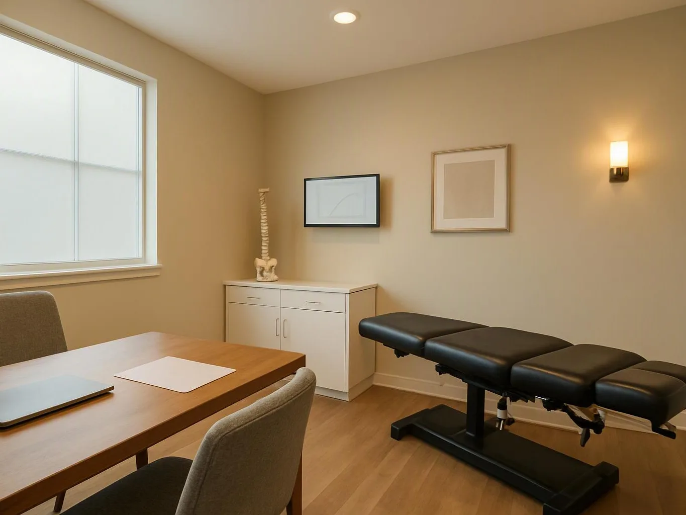 A bright exam room shows a treatment table, desk, chair, cabinet, and framed wall art by a window