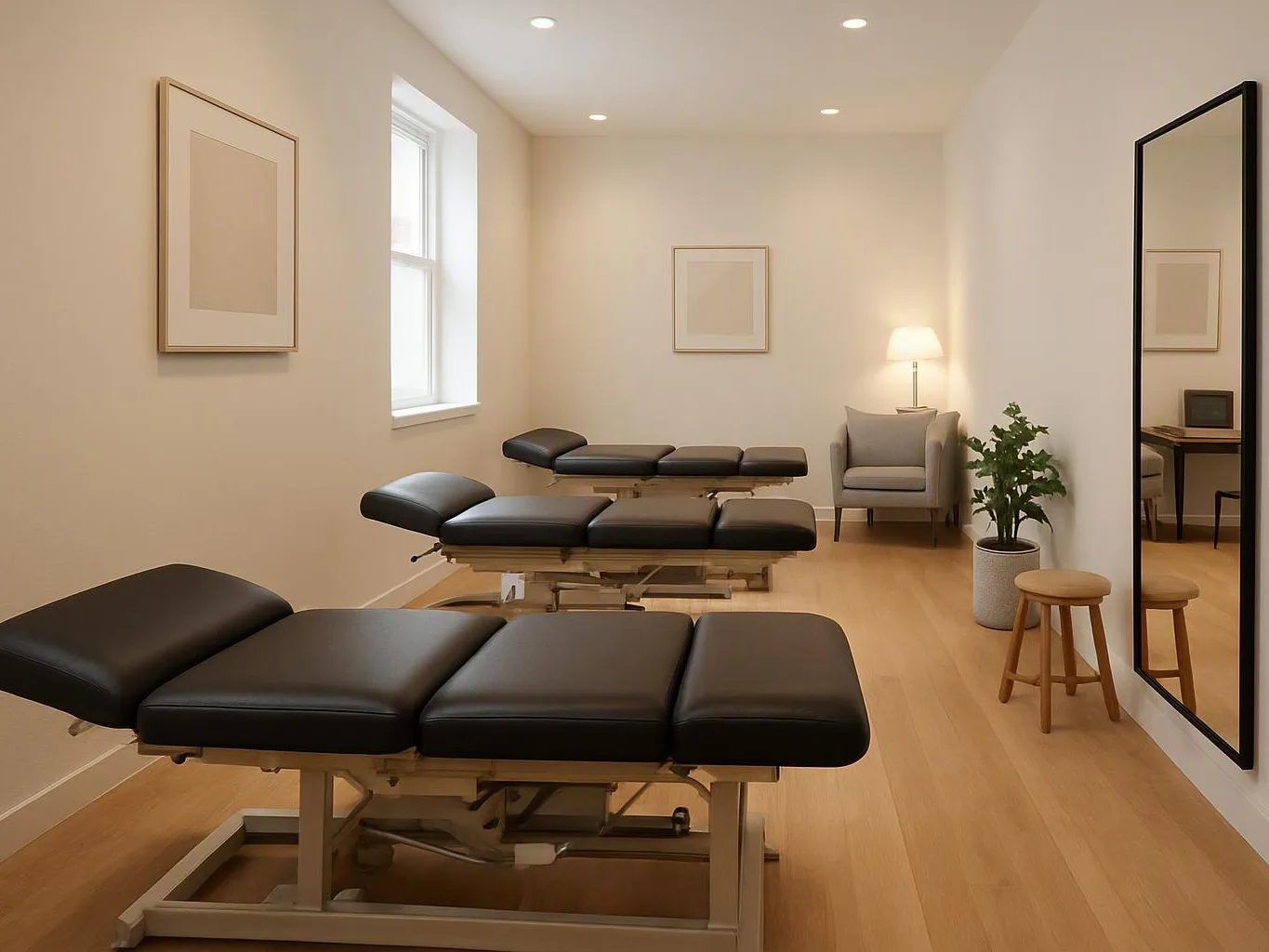 A bright treatment room shows three black massage tables, a chair, lamp, plant, and wall mirror